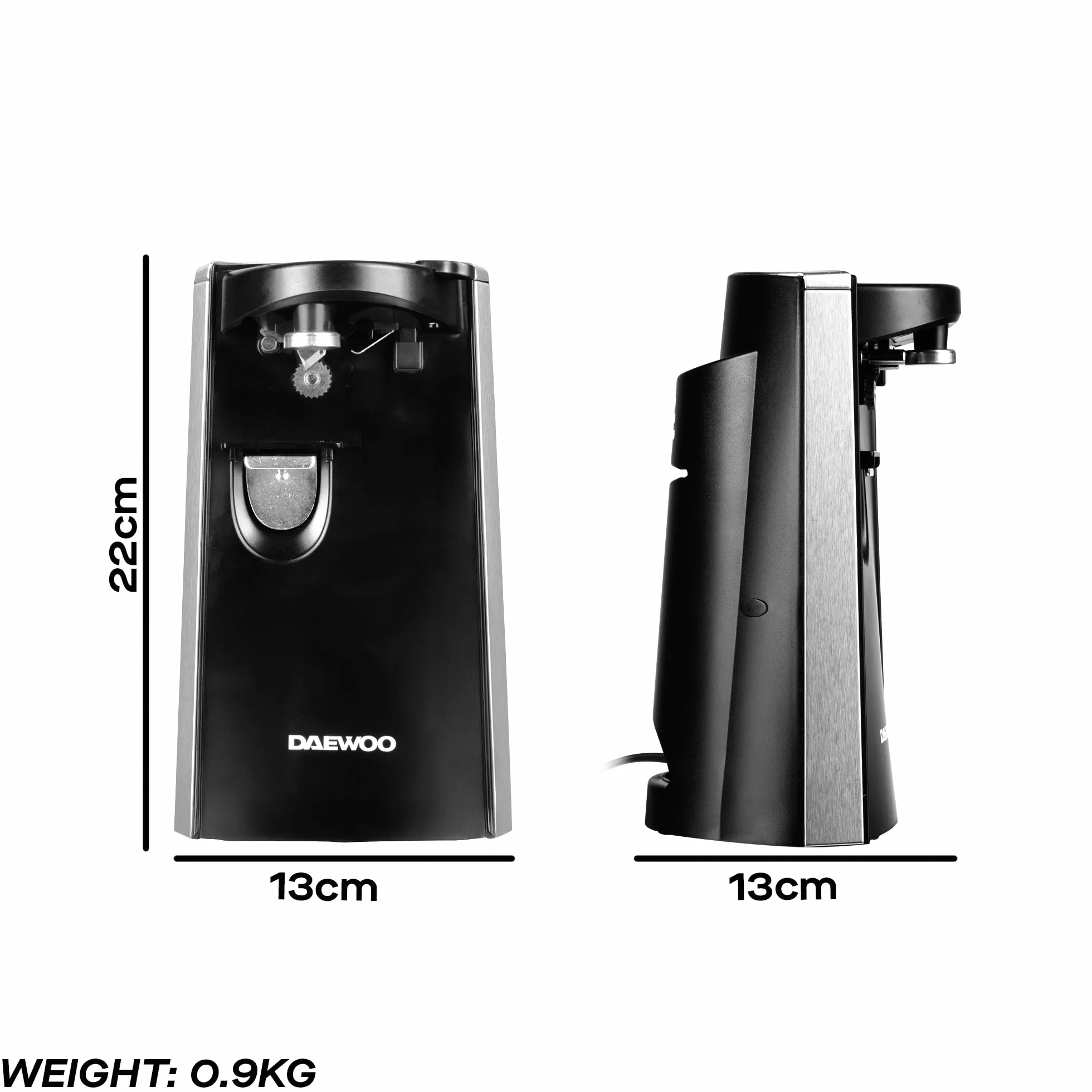 Daewoo Abrelatas eléctrico SDA2313 Abrebotellas multifunción para cuchillos, manos libres, 60 W, negro y plateado