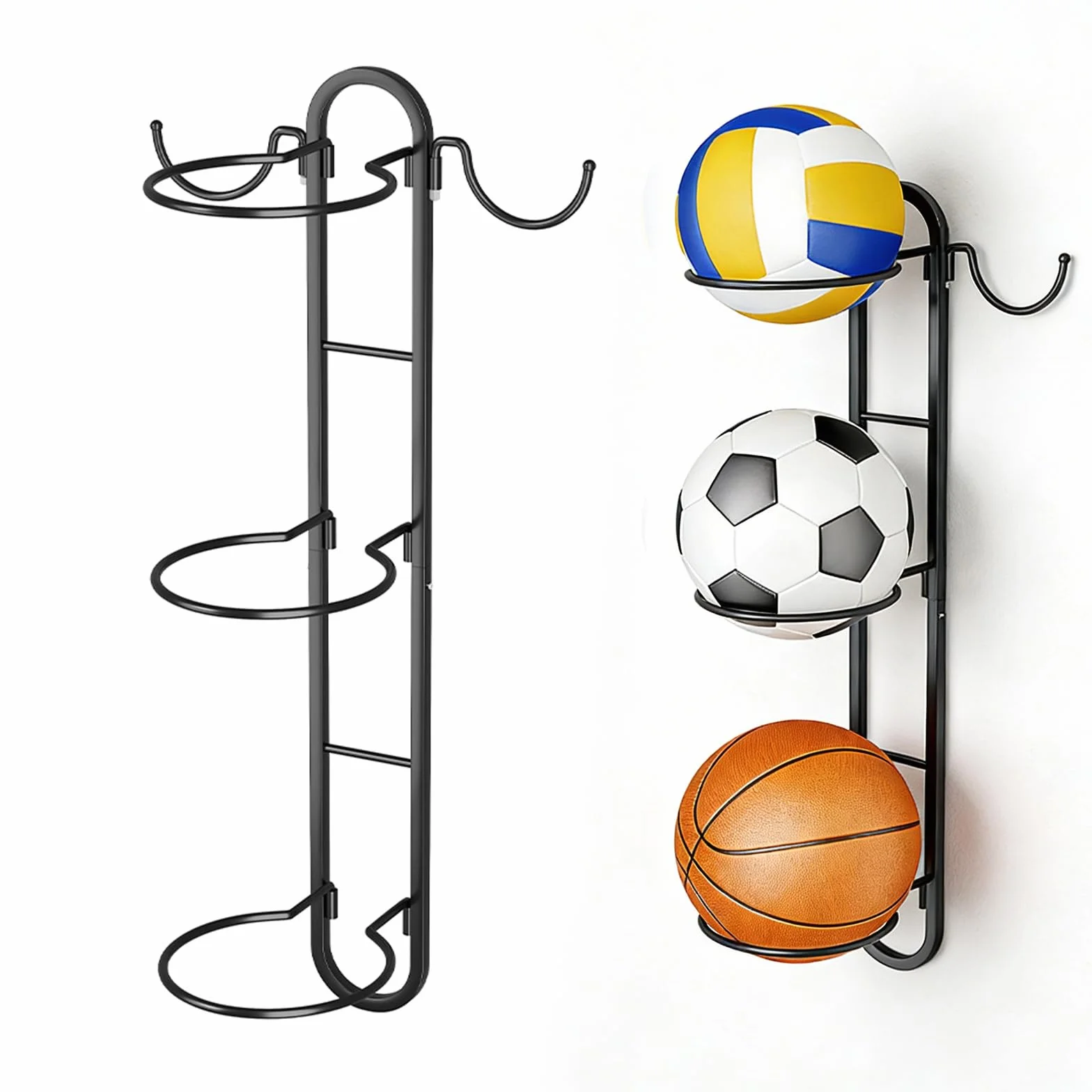 Soporte Balón Fútbol Colgante de Pared 3 Pisos, Extraíble para 3 Balones, Metal, Ahorra Espacio