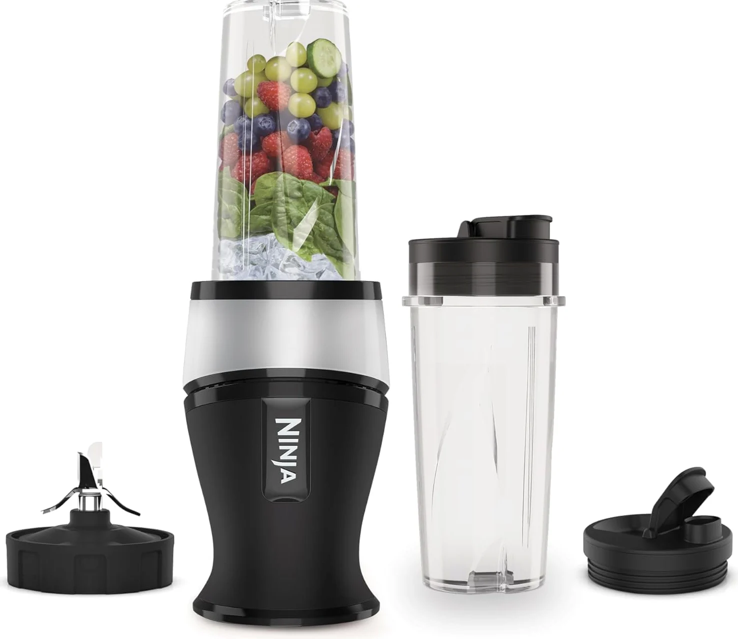 Ninja Batidora delgada de 700 W y batidora, 2 vasos de 470 ml con tapas de boquilla, licuadora personal, hielo triturado y fruta congelada, plata/negro QB3001UKS