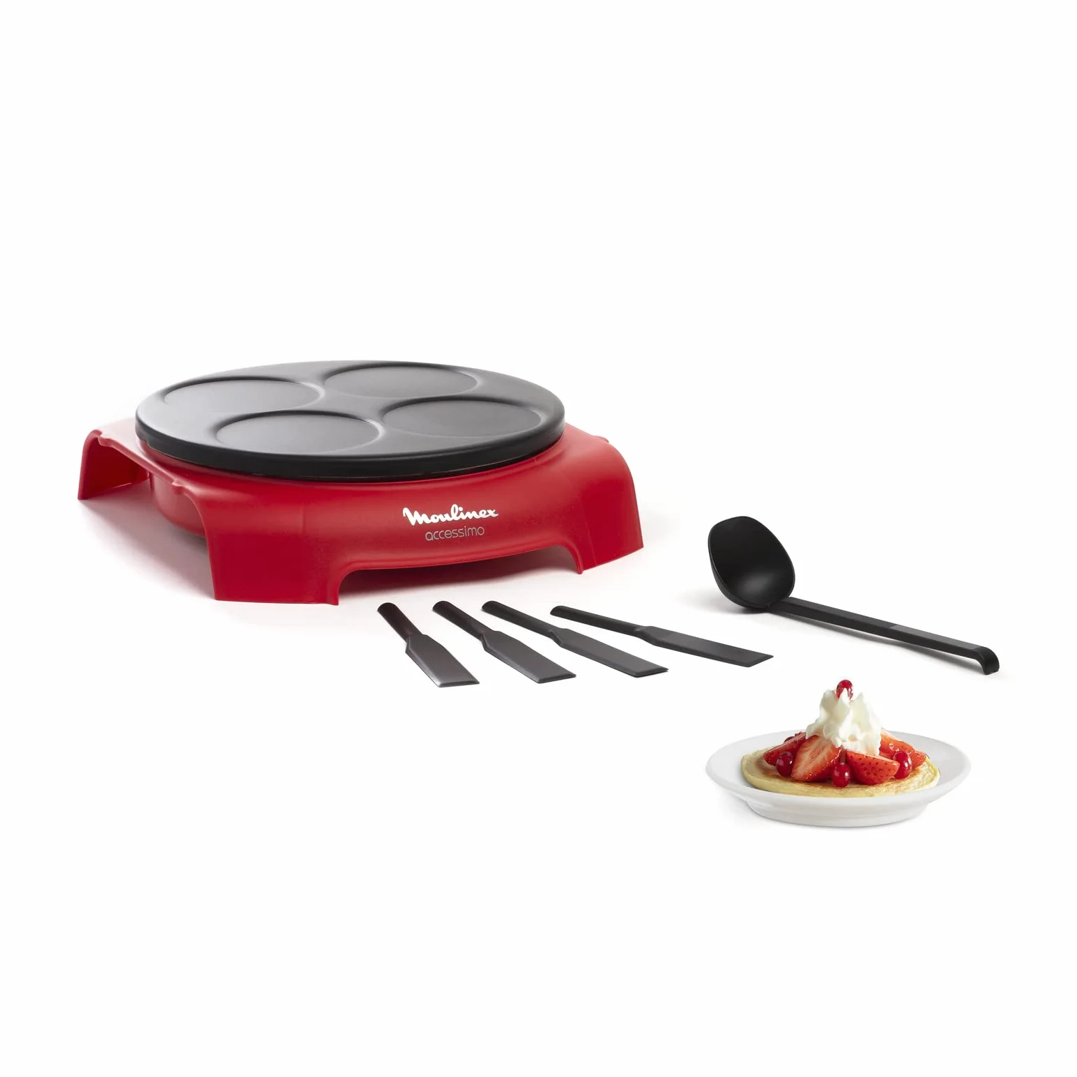 Moulinex PY312511, Crepera Accessimo Placa Prometal con Revestimiento Antiadherente, 720 W, Capacidad de 4 creps, 4 Espátulas y cucharón incluidos, Fácil uso, Almacenamiento vertical, Color Rojo