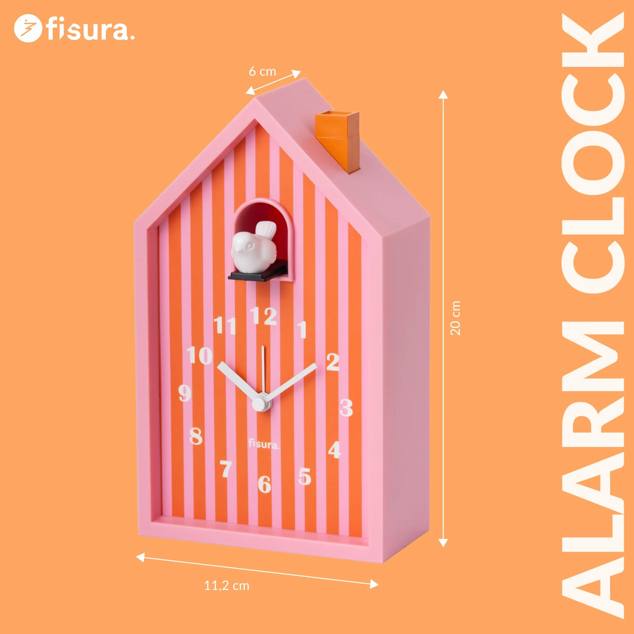 Fisura – Despertador Cuco casita “Rayas” Naranja y Rosa. Despertador analógico Original con Agujas. Botón de Snooze y luz. Regalo Original. 3 Pilas AA (no Incluidas)