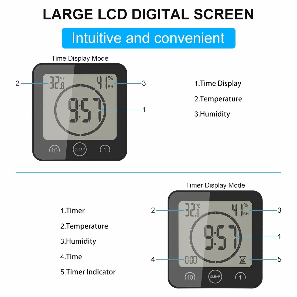 ALLOMN Reloj de Baño, LCD Reloj de Ducha Digital Alarma Impermeable Control Táctil Hum / ℉ Temperatura Humedad, Temporizador de Cuenta Regresiva, 3 Métodos de Montaje, Energía de la Batería (Negro)