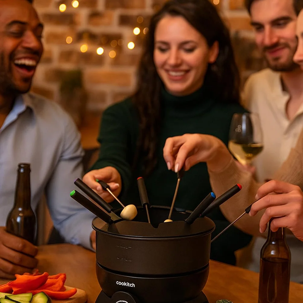 Fondue Eléctrico para 6 Personas, Fondue para Queso, Chocolate, Carne, Caldo y Más, Capacidad de 1.3L, Antiadherente, Termostato Regulável