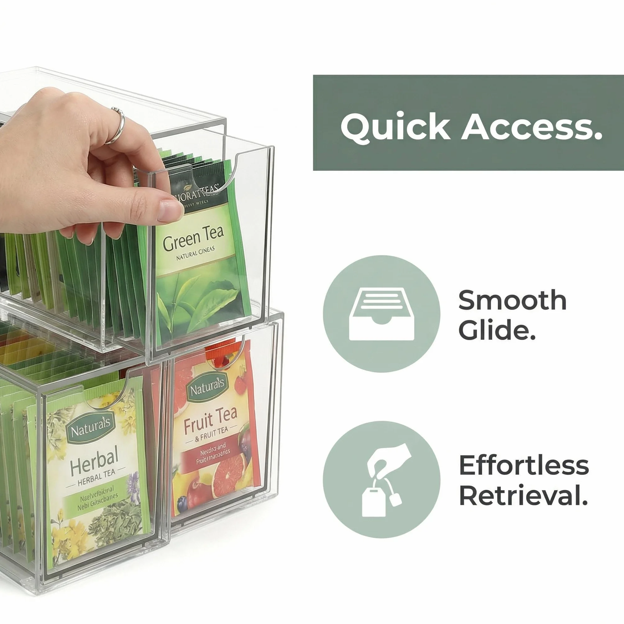Organizadores de Bolsas de Té, Caja Té con 3 Cajones de Plástico Caja Infusiones Organizador Infusiones de Acrílico Transparente Caja de Te Infusiones para Bolsas de Té, Cápsulas de Café