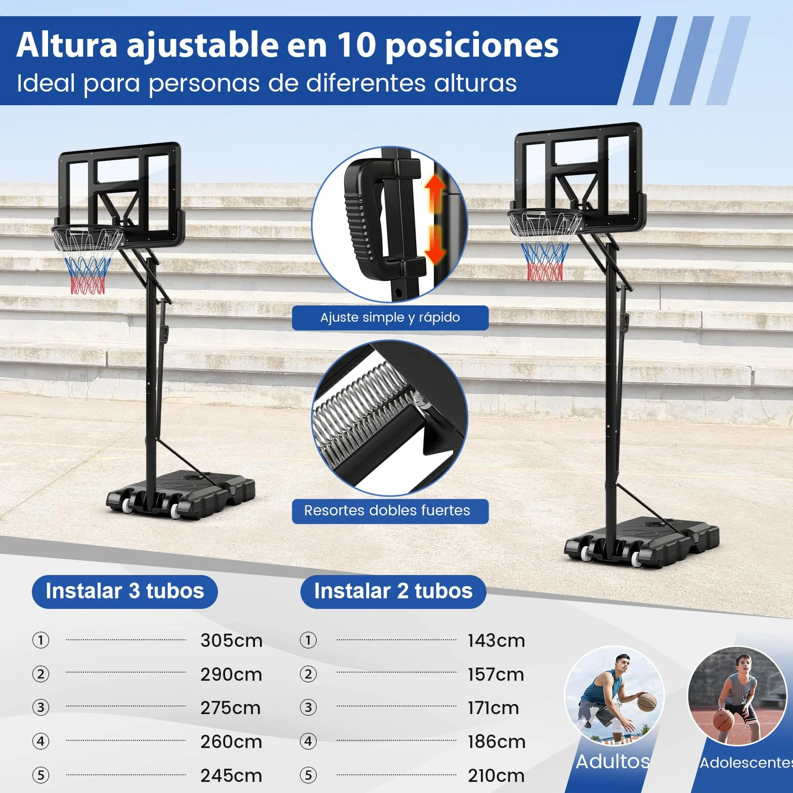 COSTWAY Canasta Baloncesto Altura Ajustable 10 Niveles 143cm-305cm Portátil con Ruedas Base Rellenable