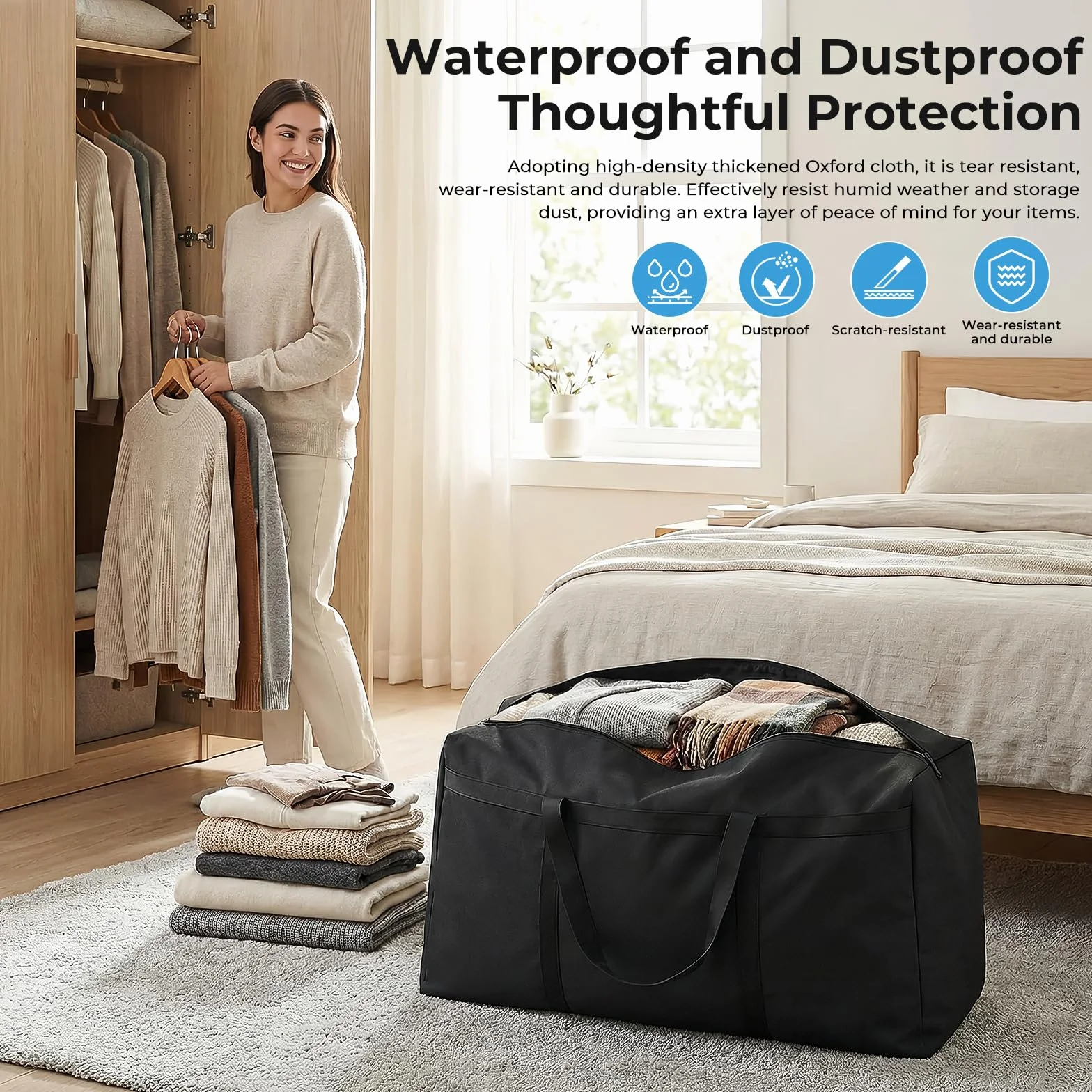 4 Piezas Bolsas de Almacenamiento Grandes de 105 Litros, 600D Oxford Bolsas de Mudanza Resistentes con Cremallera y Asa, Bolsa de Transporte Impermeable para Mudanzas, Edredones, Ropa de Cama, Negro