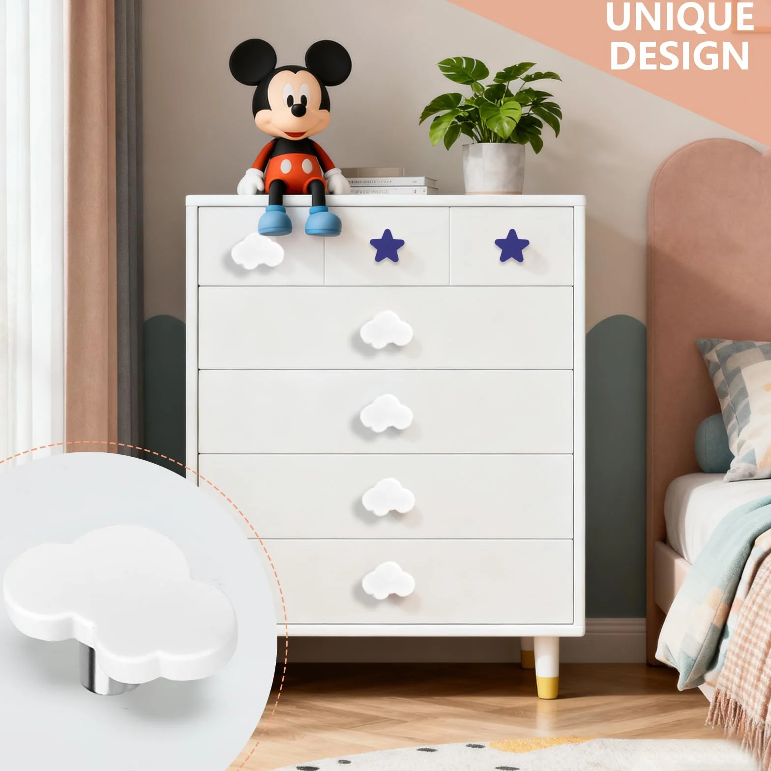 6 Piezas Tiradores Infantiles para Cajones y Armarios,con Diseño de Nube y Estrella Pomos de Goma Suave para Habitaciones de Niños Seguro Divertido y Decorativo para Tiradores de Armario