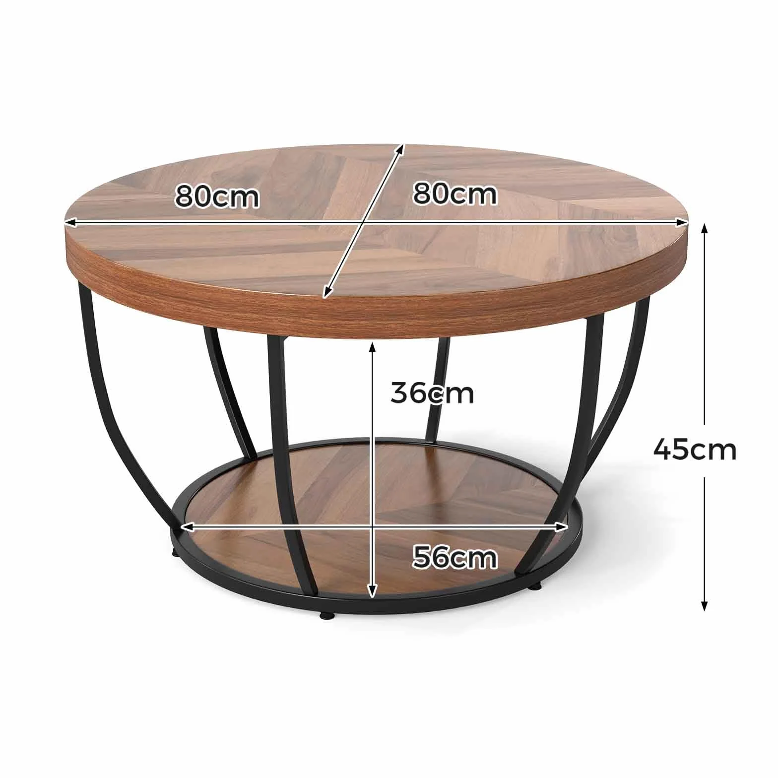 LIFEZEAL Mesa de Centro Redonda, Mesa de café de 2 Niveles con Estructura de Metal, Mueble de sofá para salón, 80 x 80 cm, Estilo Industrial (Natural)