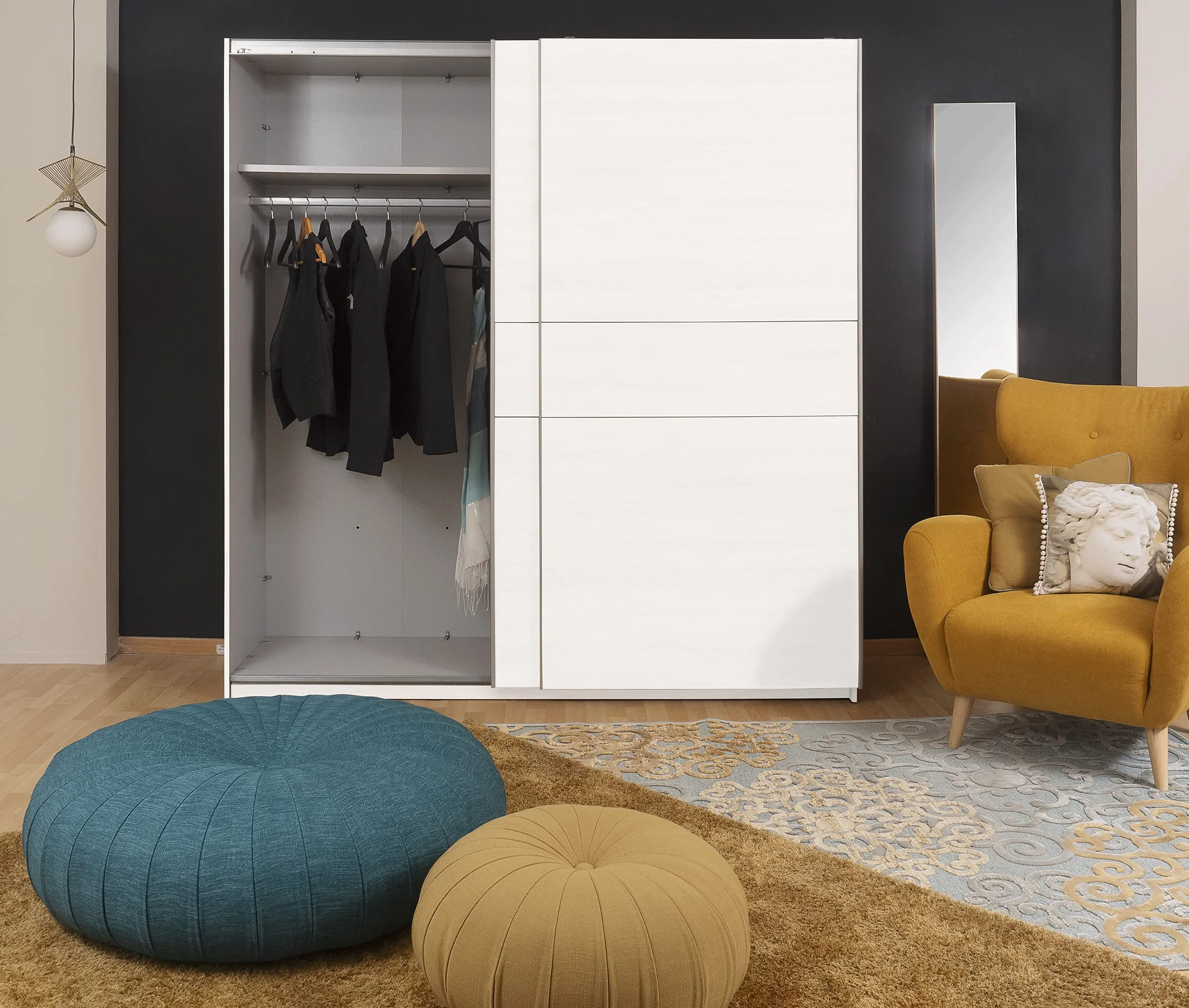 Homely | Armario de Puertas correderas Winter 200 | Acabado Laminado sintético Color Blanco Mate con Franja Central Reversible en Blanco o Roble | Medidas 200x62. Altura 210 cm. | Diseño Funcional