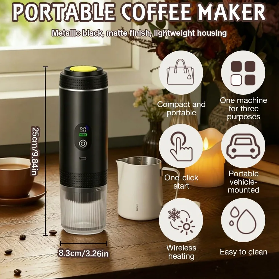 Cafetera Portátil 3 en 1, Mini Cafetera Portátil de Espresso y Capsulas, Autocalentamiento de 5 Minutos, Compatible con Cápsulas y Café Molido, Carga Rápida USB-C, para Acampadas, Senderismo