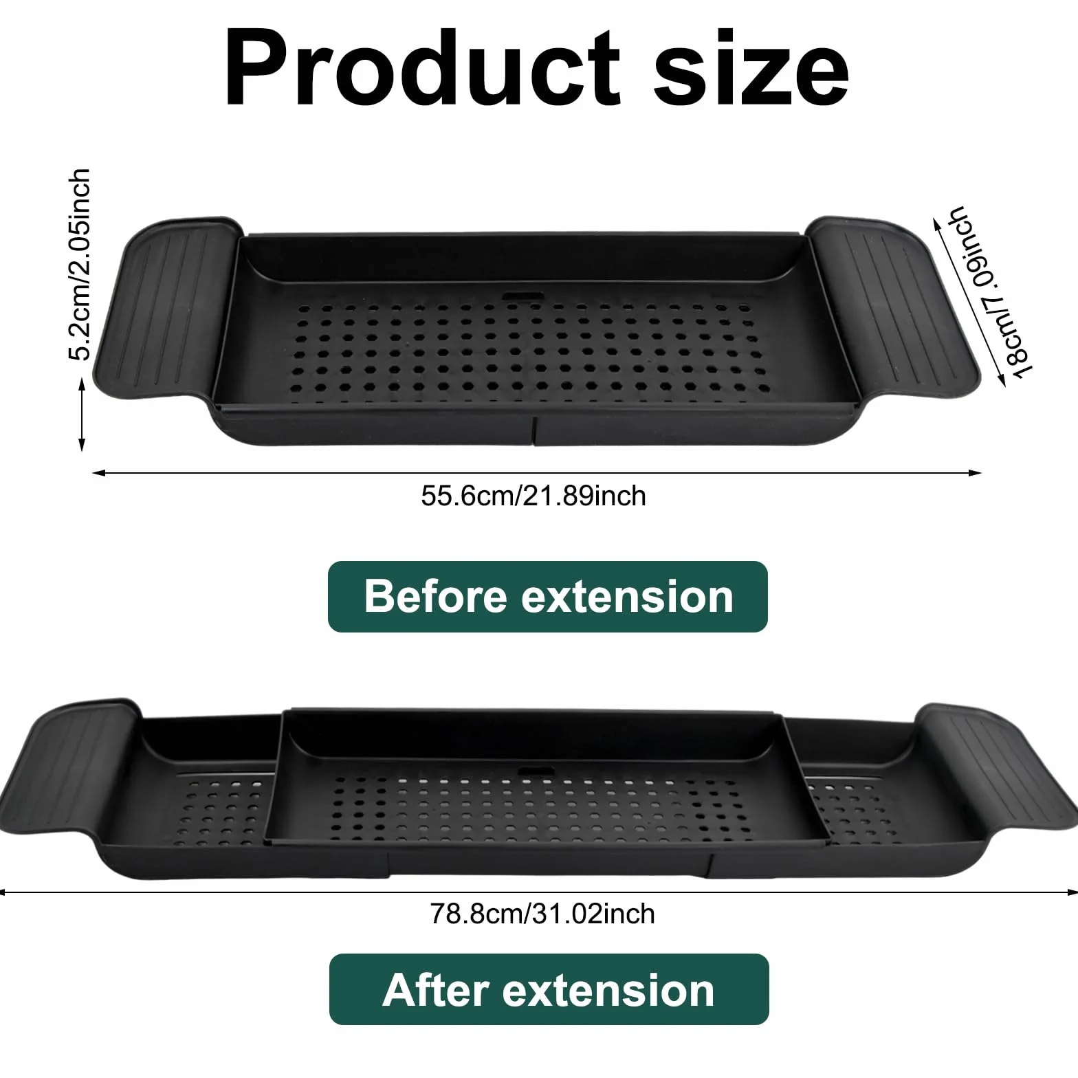 Amexo Bandeja para Bañera con Diseño de Desagüe, de Plástico Expandible, Bandeja para Copas de Vino, Tabletas, Aromaterapia, Peines, Velas, Productos de Baño (Negro)