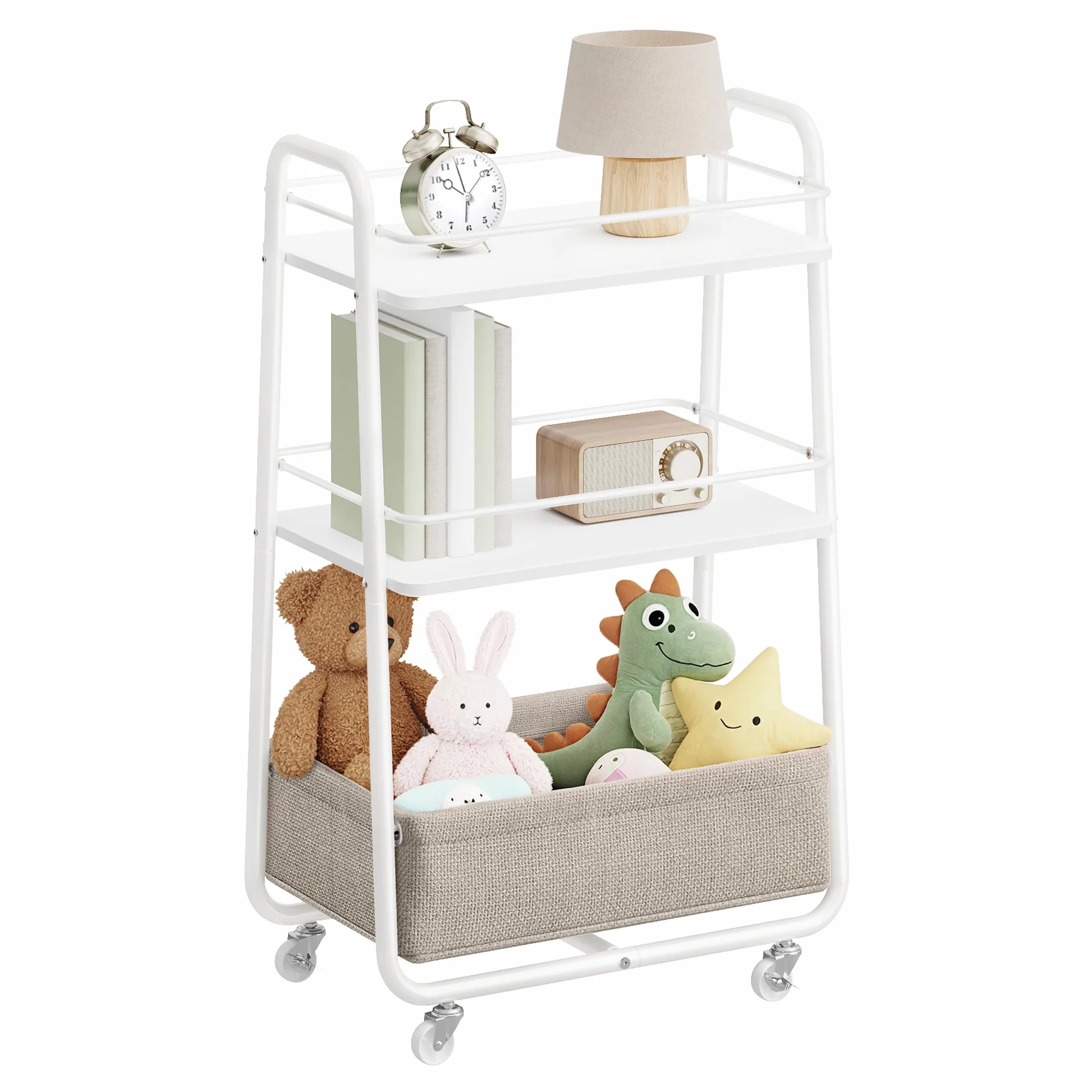 VASAGLE LILEA Colección - Carro de Almacenamiento con Cesta de Tela, Carrito de 3 Niveles con Ruedas, Organizador para Salón, Dormitorio y Cocina, Blanco Nube y Marrón Camello LRC001WB01