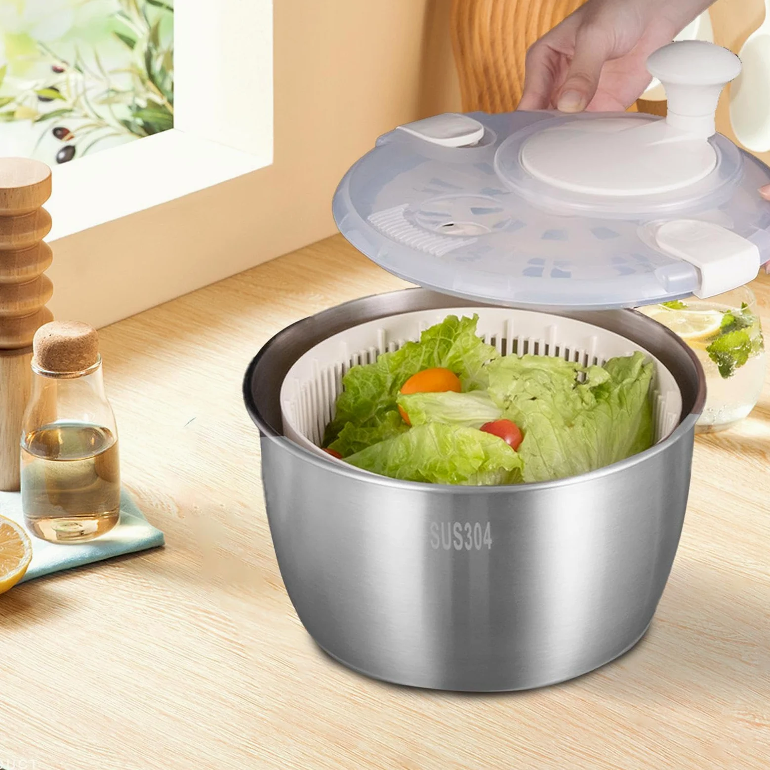 de lechuga y centrifugadora – Secador de ensalada de verduras, secador de | lechuga de frutas, verduras con mango giratorio, de ensalada de acero inoxidable, utensilios de cocina