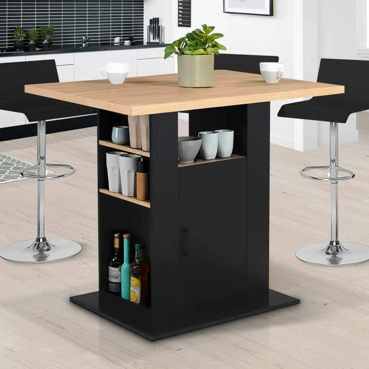 IDMarket – Ilot Central UGO 110 cm madera negra e imitación haya con almacenamiento