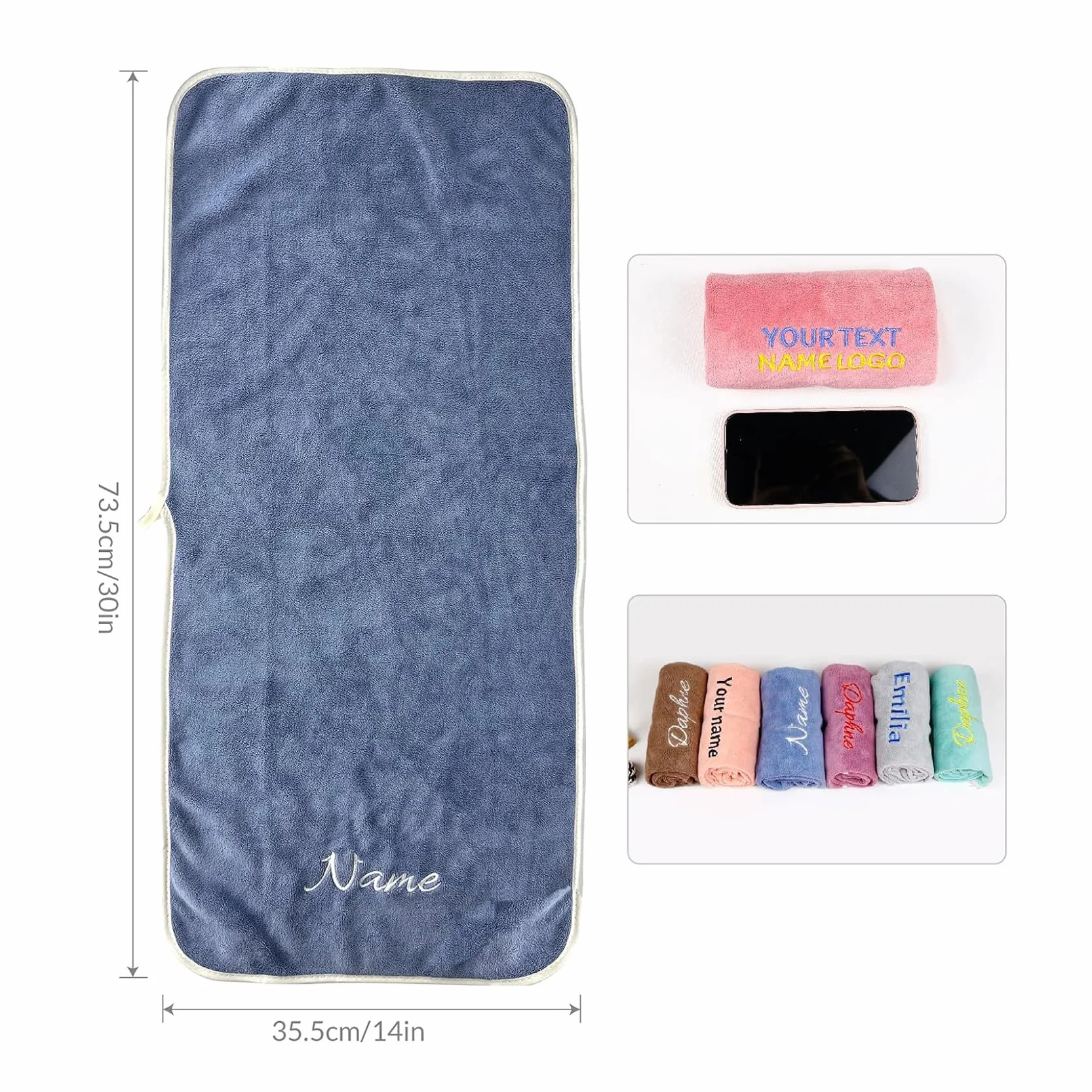 Q&K Toalla Personalizada Bordada con Nombre, 35x75cm, Microfibra, para Baño, Viajes, Gimnasio, Ducha, Piscina, Regalo de Boda
