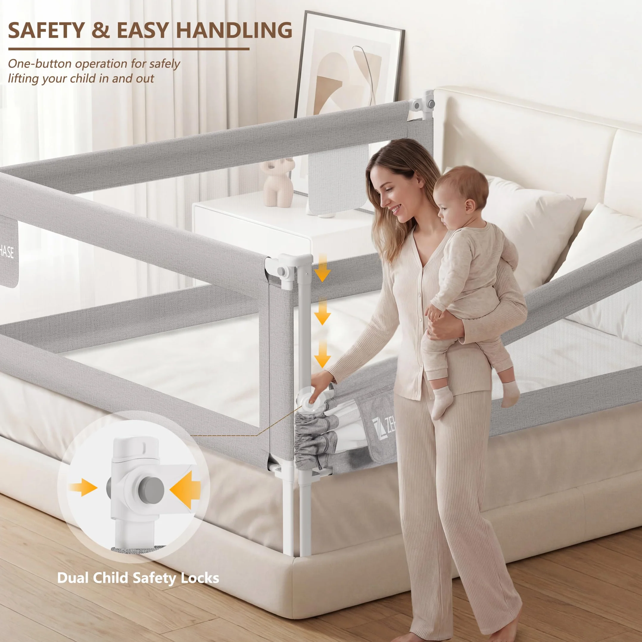 Barandilla de Cama para Bebés, Barrera de Cama para Niños Colchón Doble, Tamaño Completo Queen y King, Gris, 190cm, 1 Lado