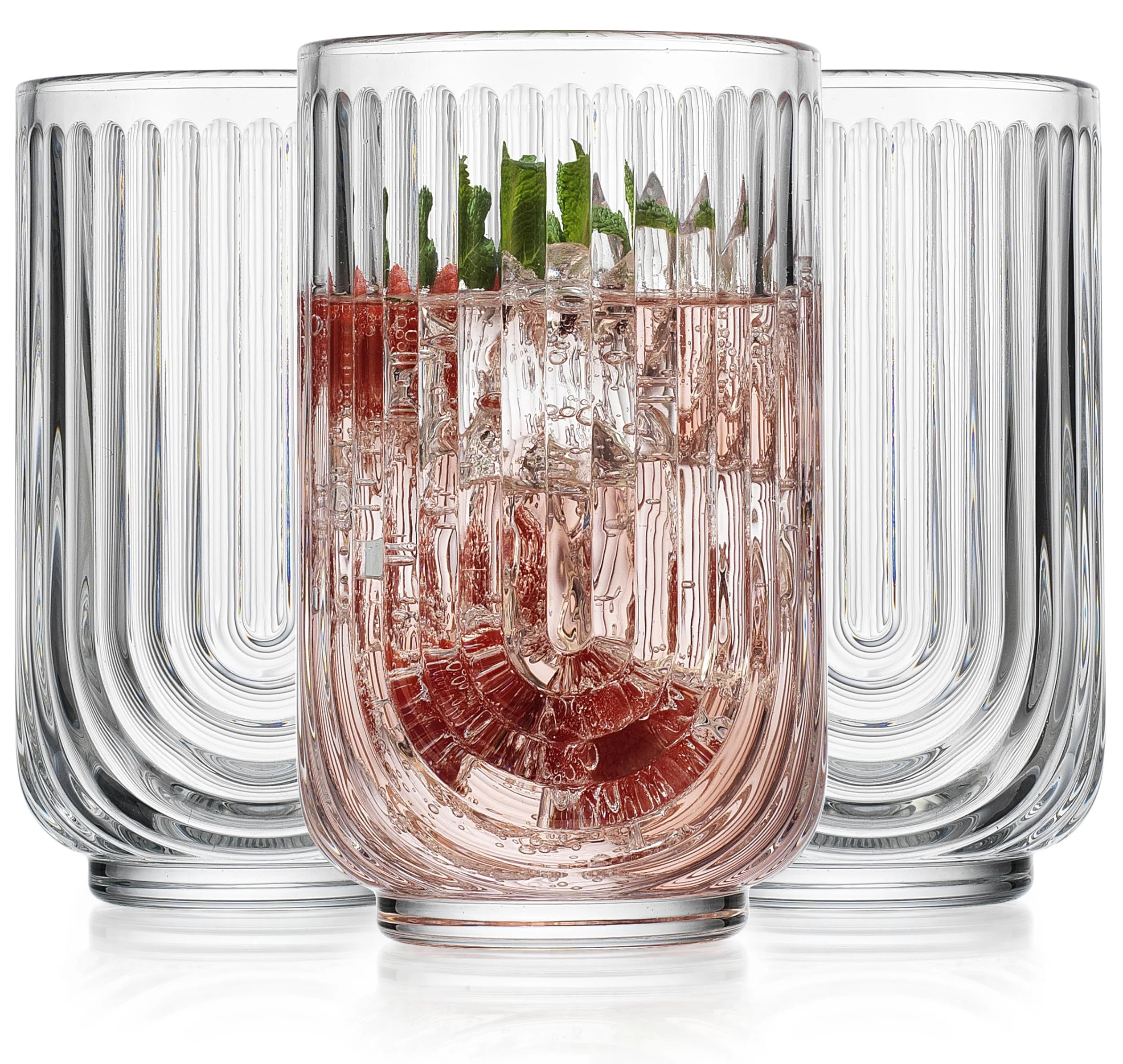 Glaver's Juego de 8 vasos de 17 onzas, vasos de cóctel ondulados, vasos acanalados, vasos de vidrio Highball. Cristalería Art Deco con diseño de arco para agua, jugo, café.