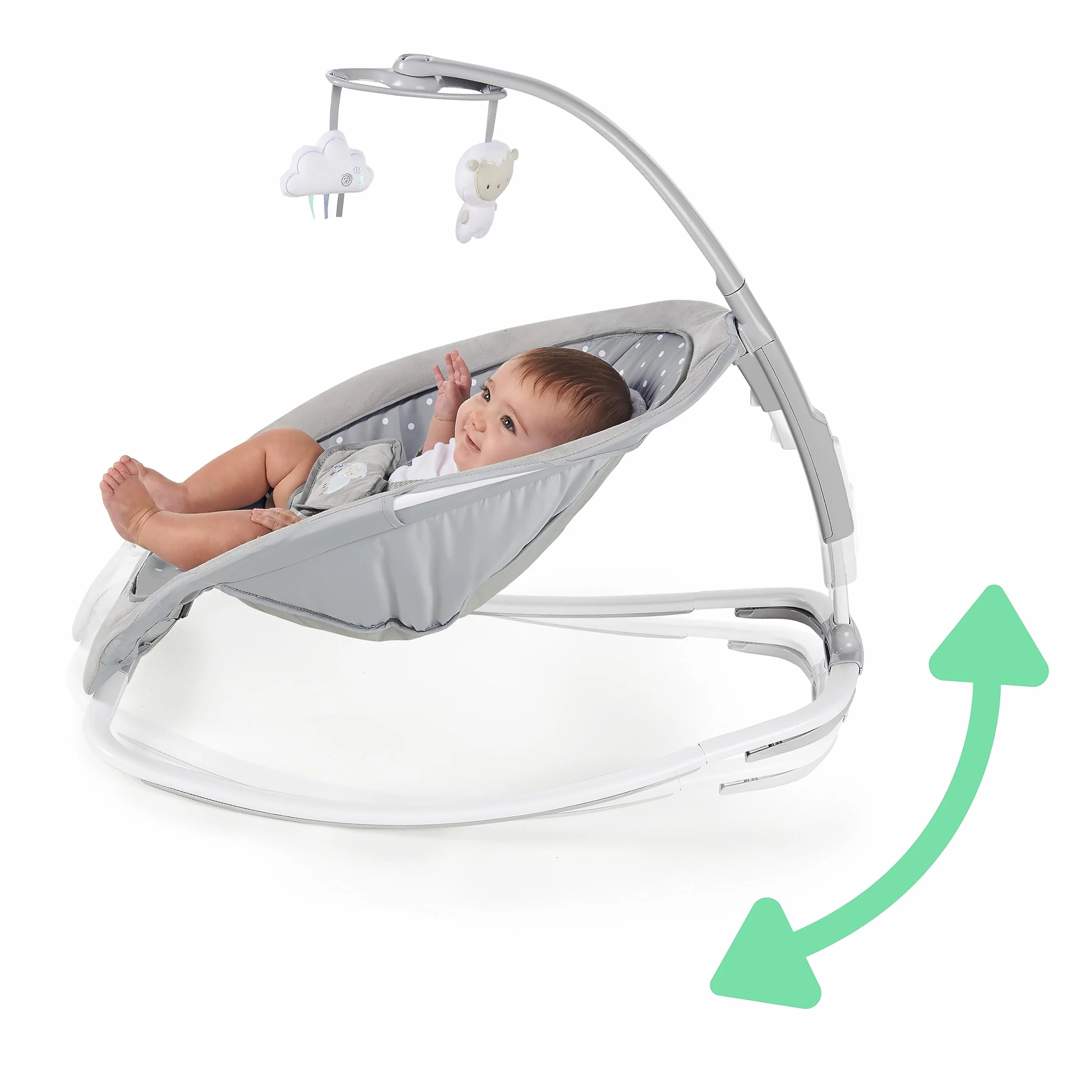 Ingenuity, Hamaca Mecedora para Bebés hasta 18 kg, Cuddle Lamb con vibraciones, arco de juego con 2 peluches, 12 melodías, 4 sonidos de naturaleza, volumen regulable, ergonómico.