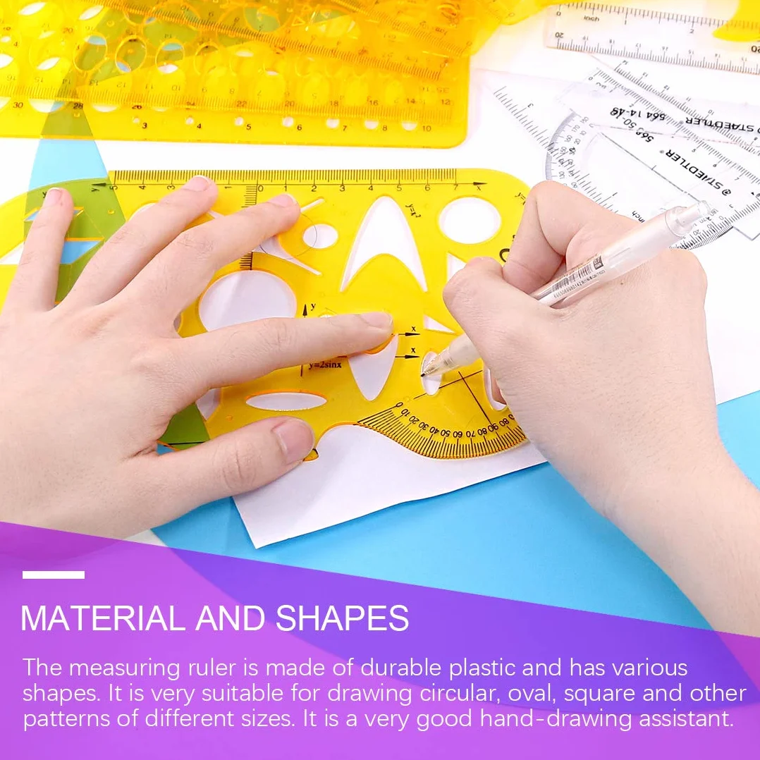 Sweet - Juego de 18 diseños geométricos de plástico amarillo, 10 diseños geométricos diferentes con 2 lápices y 5 reglas de medición