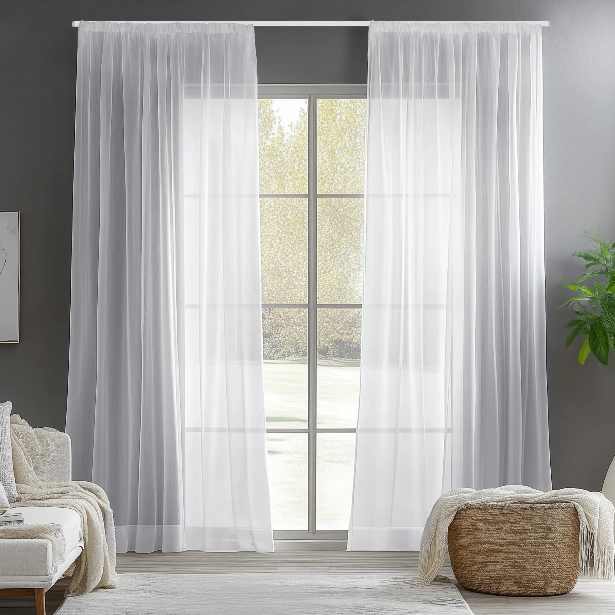 Deconovo Visillos Gasa Voile Efecto Lino Cortinas Traslúcidas 2 Unidades 132 x 242 cm Blanco