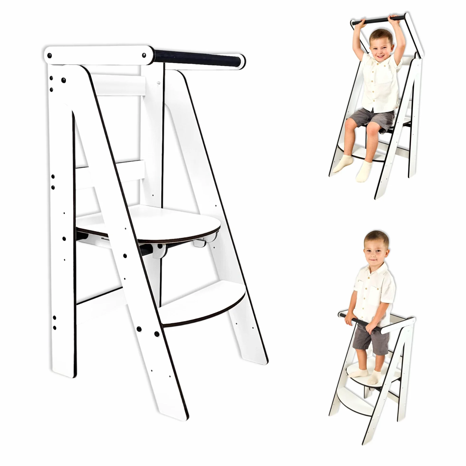 Torre de Aprendizaje Montessori Blanca Compacta, Evolutiva Niños, Escalera 2 Peldaños, Taburete Infantil