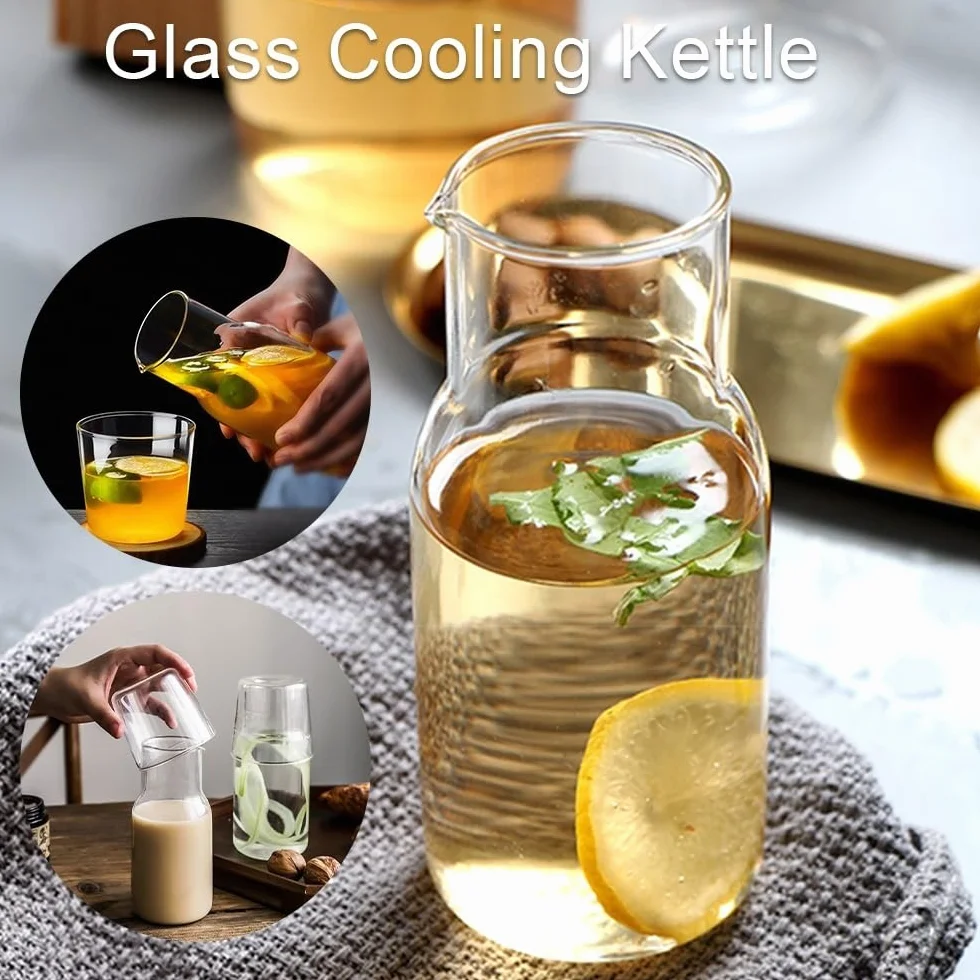 Jarra de Agua Jarra de agua con taza de vidrio Botella de agua fría y caliente Juegos de tazas Jarra de agua for mesita de noche Hervidor de bebidas resistente a altas temperaturas Jarra de Té Helado(