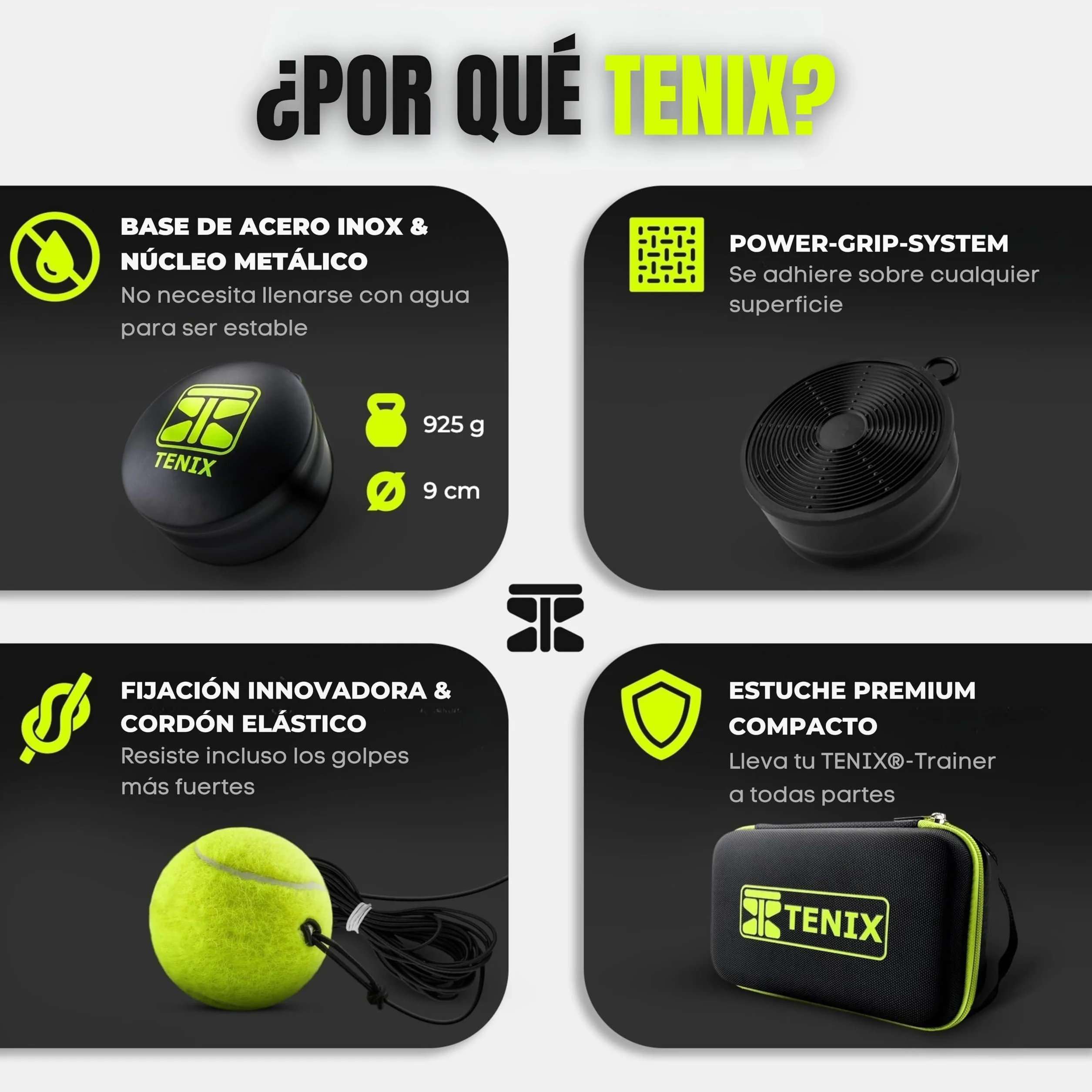 TENIX® Entrenador Padel/Tennis [con Base de Acero Inoxidable] Juego Individual para niños y Adultos | Entrenamiento en el Patio, el Parque o la Pista | ¡Tu Entrenador, Siempre contigo!
