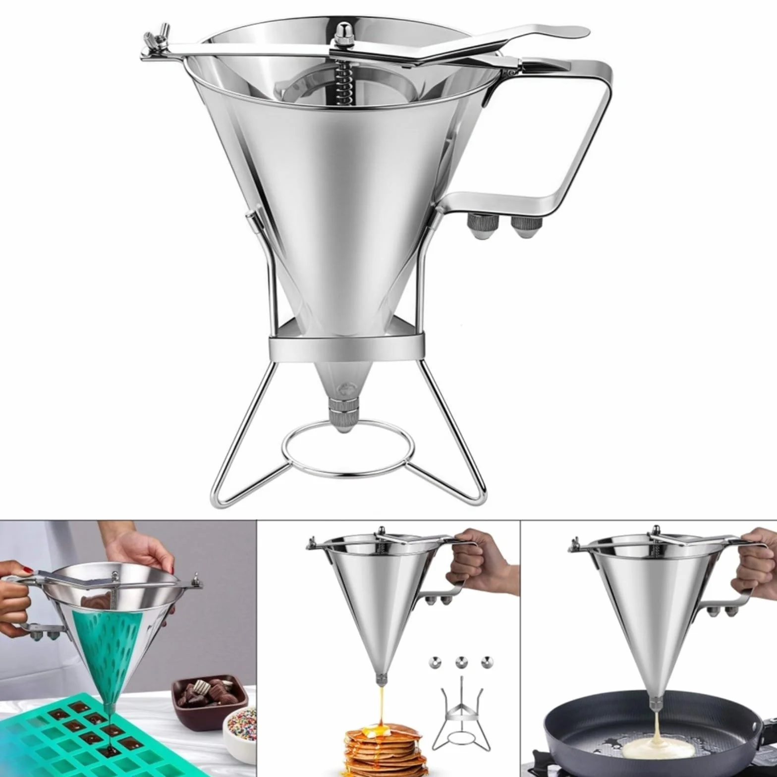 Dispensador de masa para tortitas de acero inoxidable, 1800 ml, con 3 boquillas, embudo de gran capacidad para magdalenas y salsas, dosificación precisa para cocina y panadería, plata