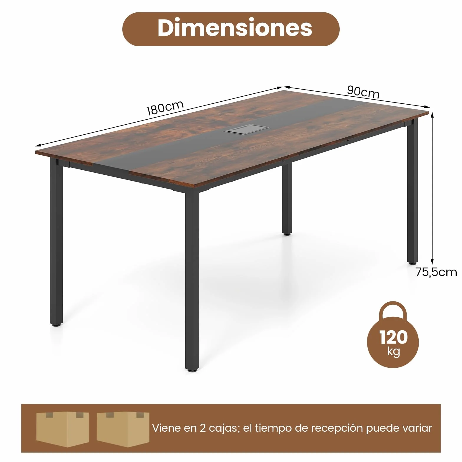 COSTWAY Mesa de Reunión 180x90 cm, Mesa Grande de para 8-10 Personas, Escritorio Rectangular con Orificio para Cables, Marrón Rústico, Oficina, Sala de Juntas