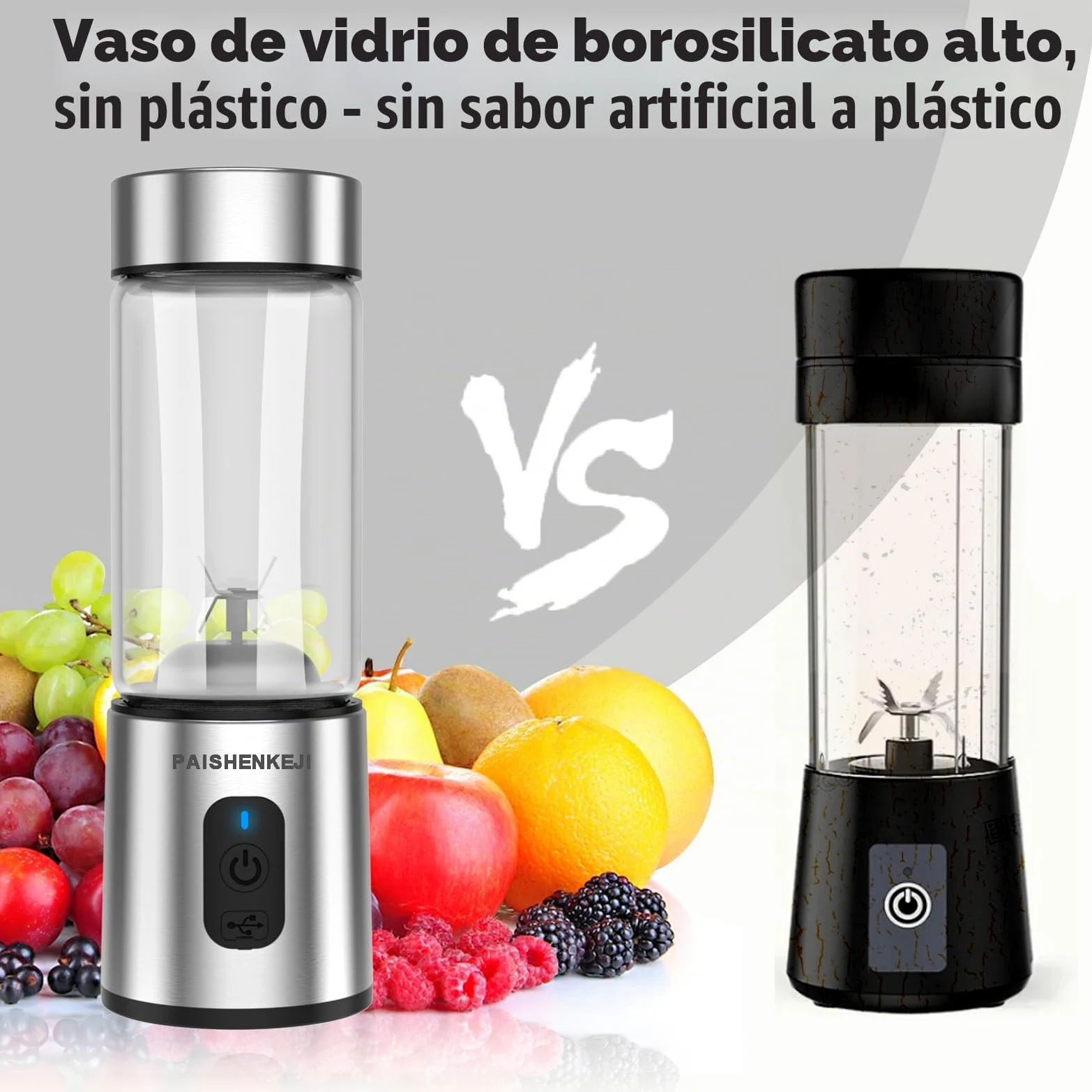 Batidora portátil de cristal para batidos y licuados: Batidora personal para triturar hielo y fruta congelada, mini exprimidor de 400 ml ideal para batidos, licuados y zumos, Smoothie Maker