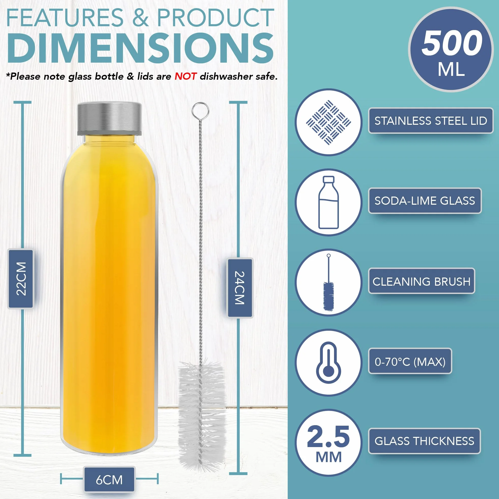 HEFTMAN Botellas de cristal de 500ml con tapa, botella de agua de vidrio vacía, hermética, a prueba de fugas, tapa de acero inoxidable, agua, batidos, botellas de zumo para trabajo, gimnasio, hogar