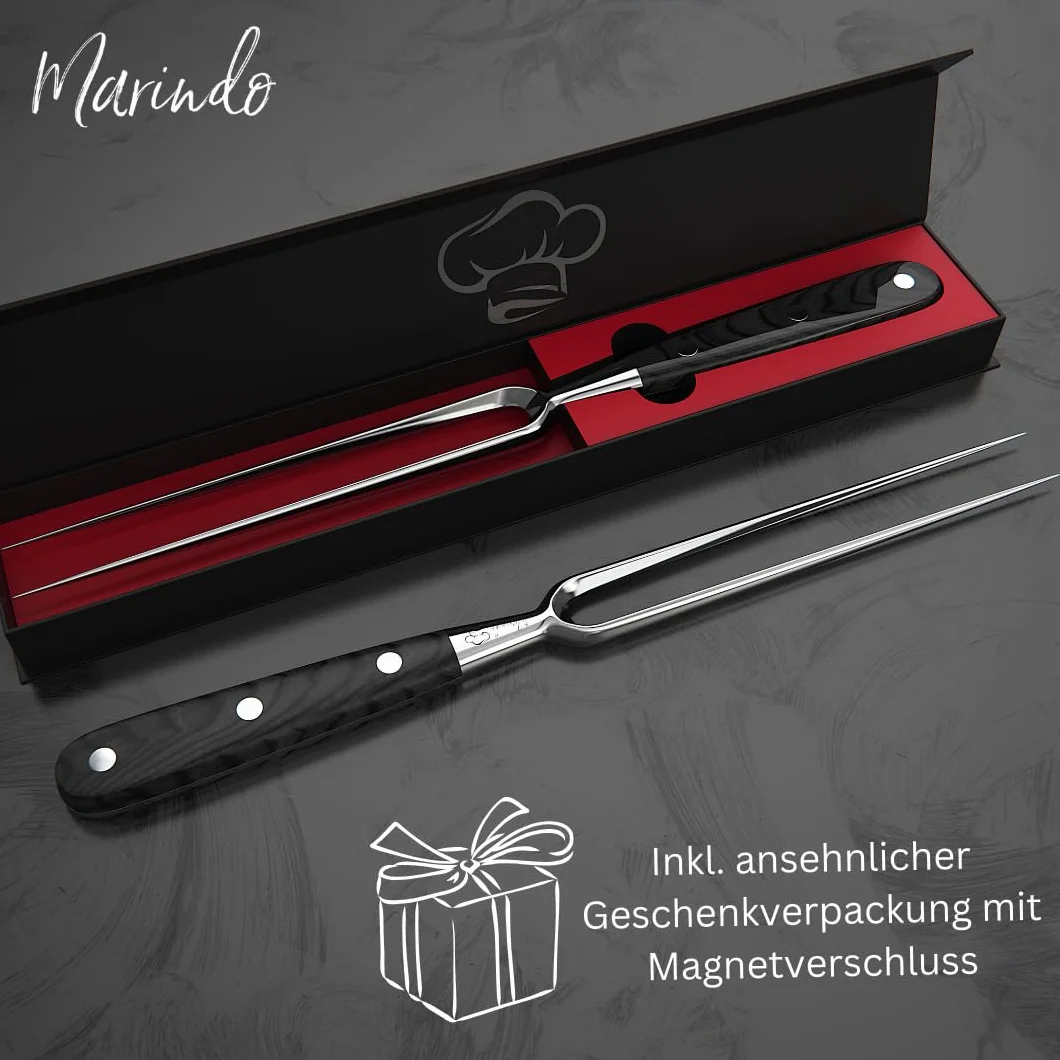 Marindo® Tenedor Profesional de Carne de Acero Inoxidable | 31,5 cm Con Mango de Madera y Hoja de 17 cm | Para Barbacoa y Trinchar