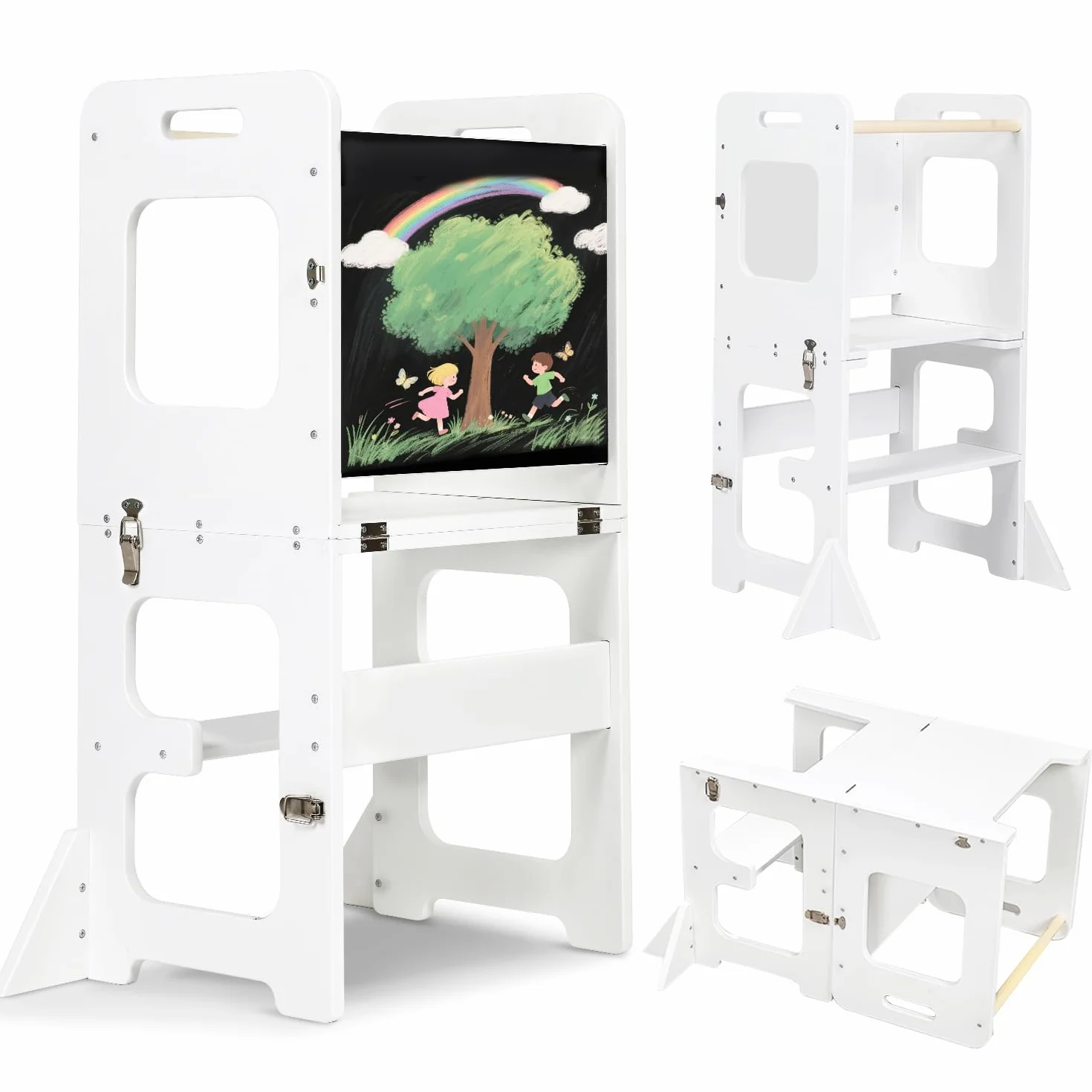 Labebe Torre de Aprendizaje Montessori 3 en 1 Plegable Madera con Pizarra Negra Escritorio Infantil Blanco