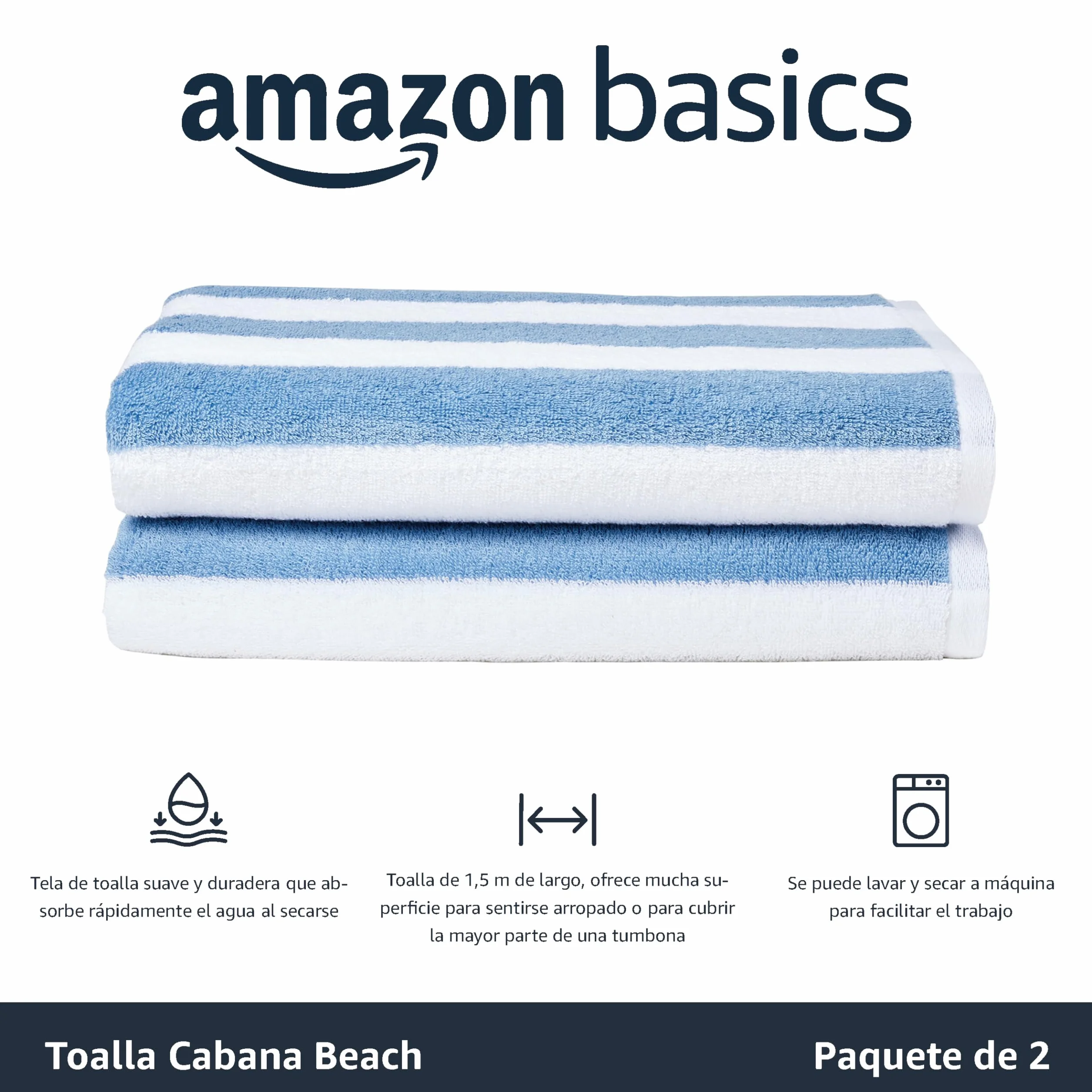 Amazon Basics Toalla Playa 100% Algodón Rayas Cabana 76 x 152 cm Azul Claro Pack 2
