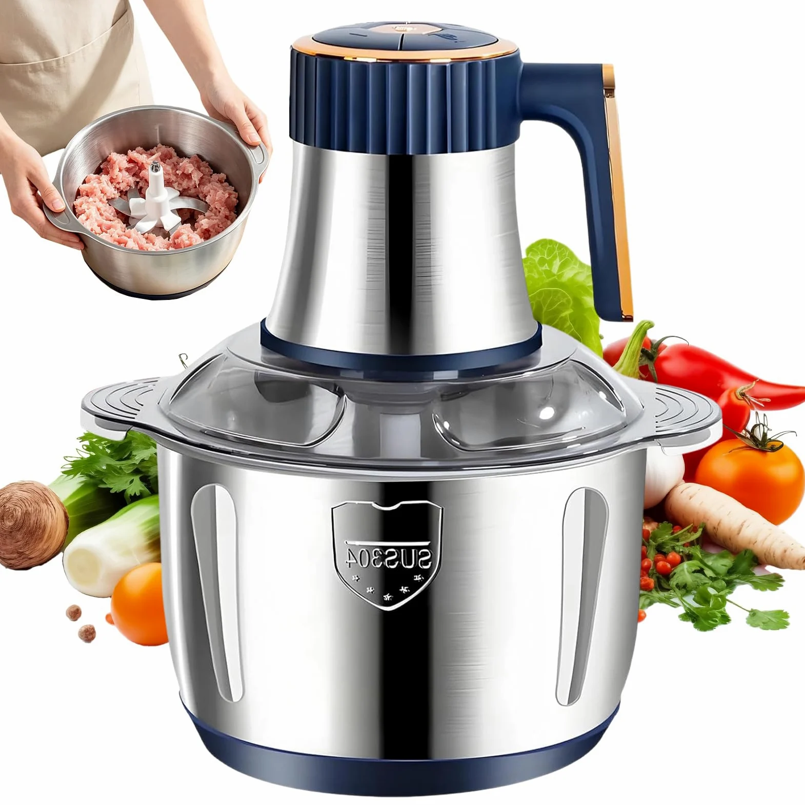 Picadora eléctrica de cocina de 500 W, tazón de acero inoxidable de 5 litros, picadora multipicadora eléctrica de 5 velocidades, procesador de alimentos, picadora de carne para carne, cebolla, fruta
