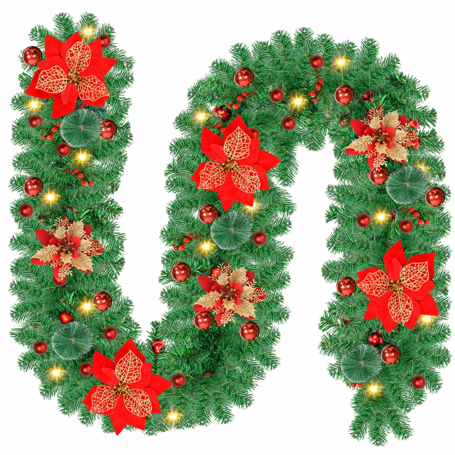 Guirnalda Navidad De 2,7 M/9 FT Con Luces Led, Decoraciones Artificiales para Puertas, Chimeneas, Escaleras y Árboles De Navidad
