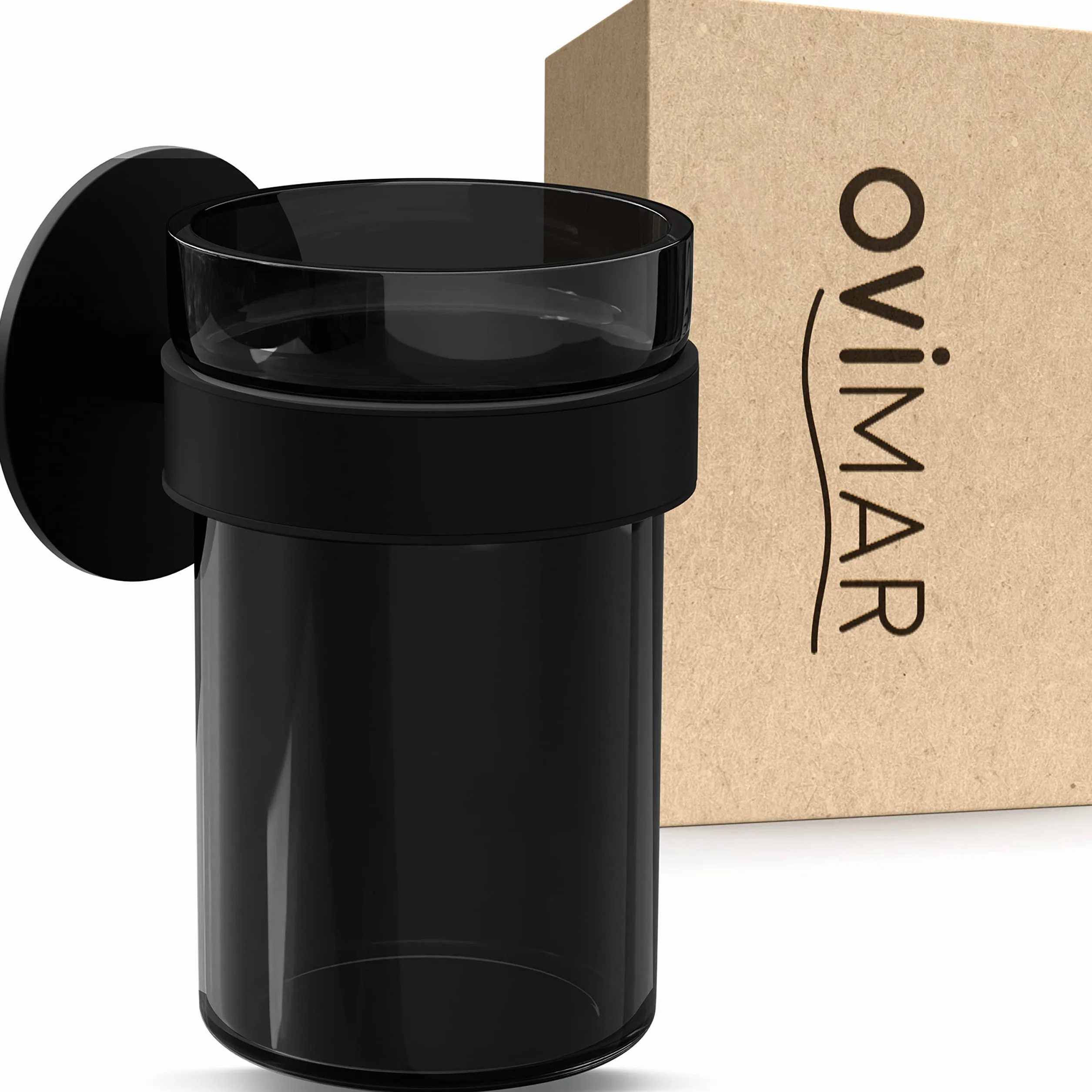 Vaso Cepillo de Dientes ovimar Engeloya | Negro | sin taladrar | de Cristal y Acero Inoxidable para el baño | con Vaso extraíble y Soporte para Cepillo de Dientes | para Pegar en la Pared