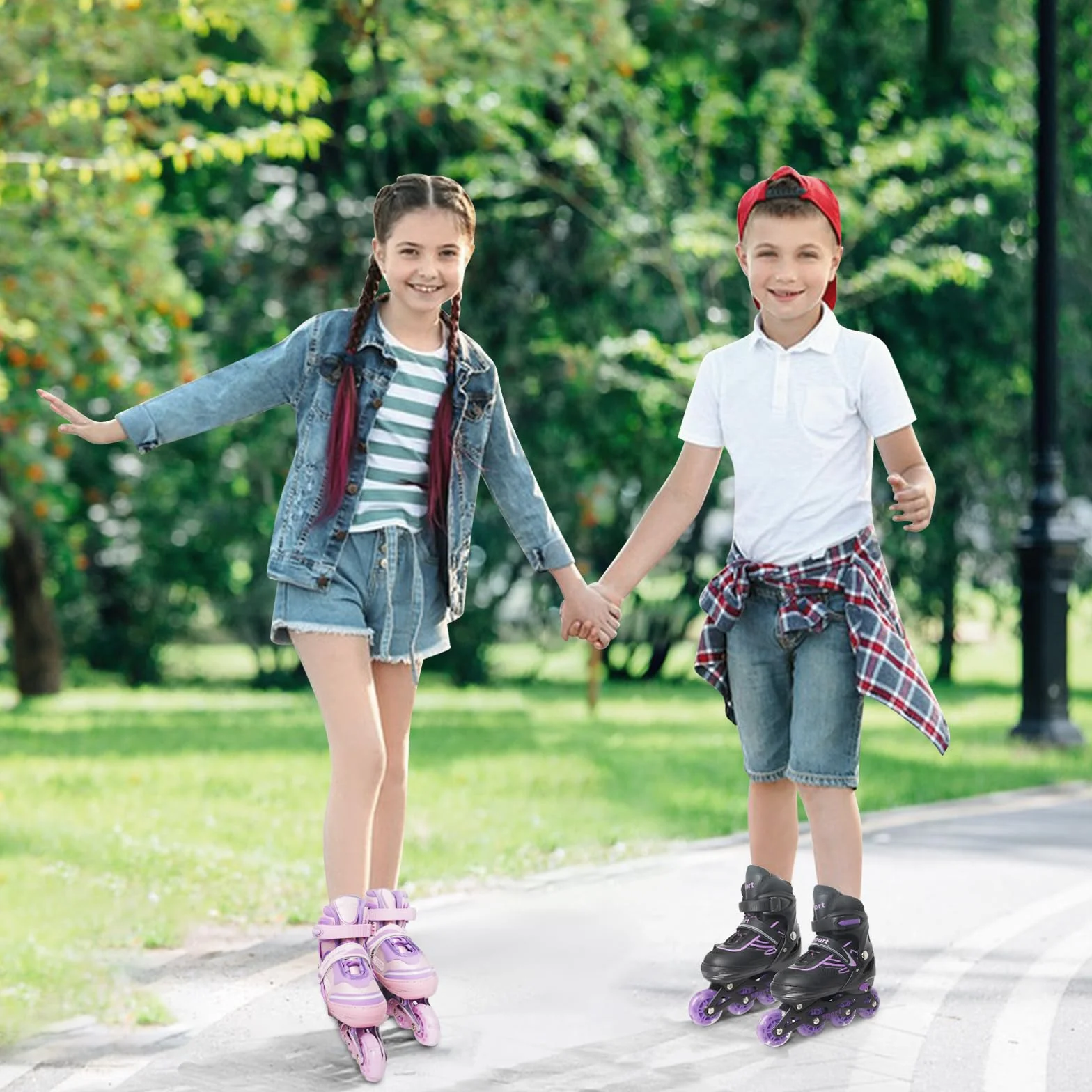 Patines en línea Ajustables para Niños y Niñas, 4 Ruedas con Ruedas Luminosas, Rosa Violet