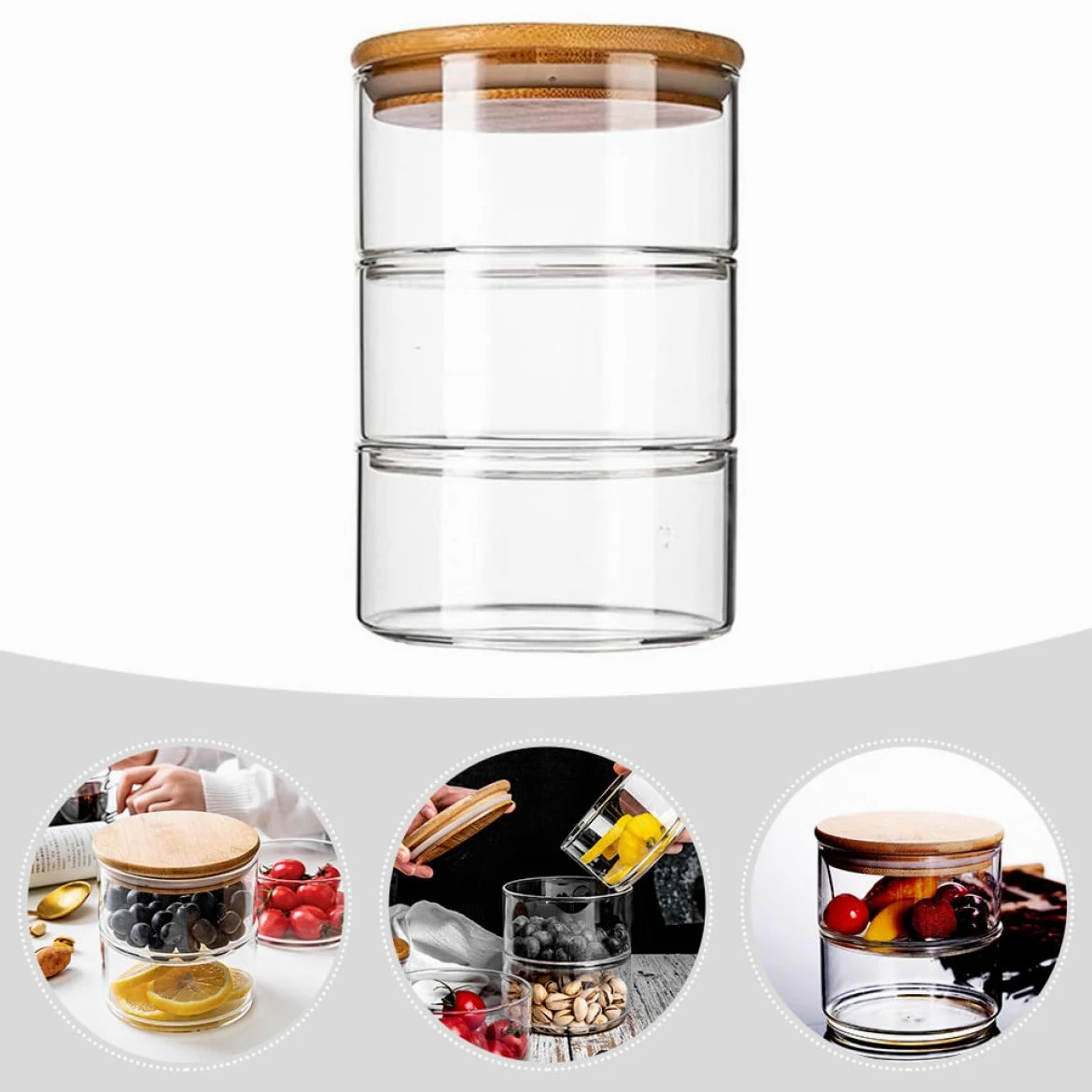Bol de Ensalada de Vidrio con Tapa, Juego de 1, Bambú | Apilable y Ahorro de Espacio, Fácil de Limpiar, para Restaurantes y Decoración Fotográfica
