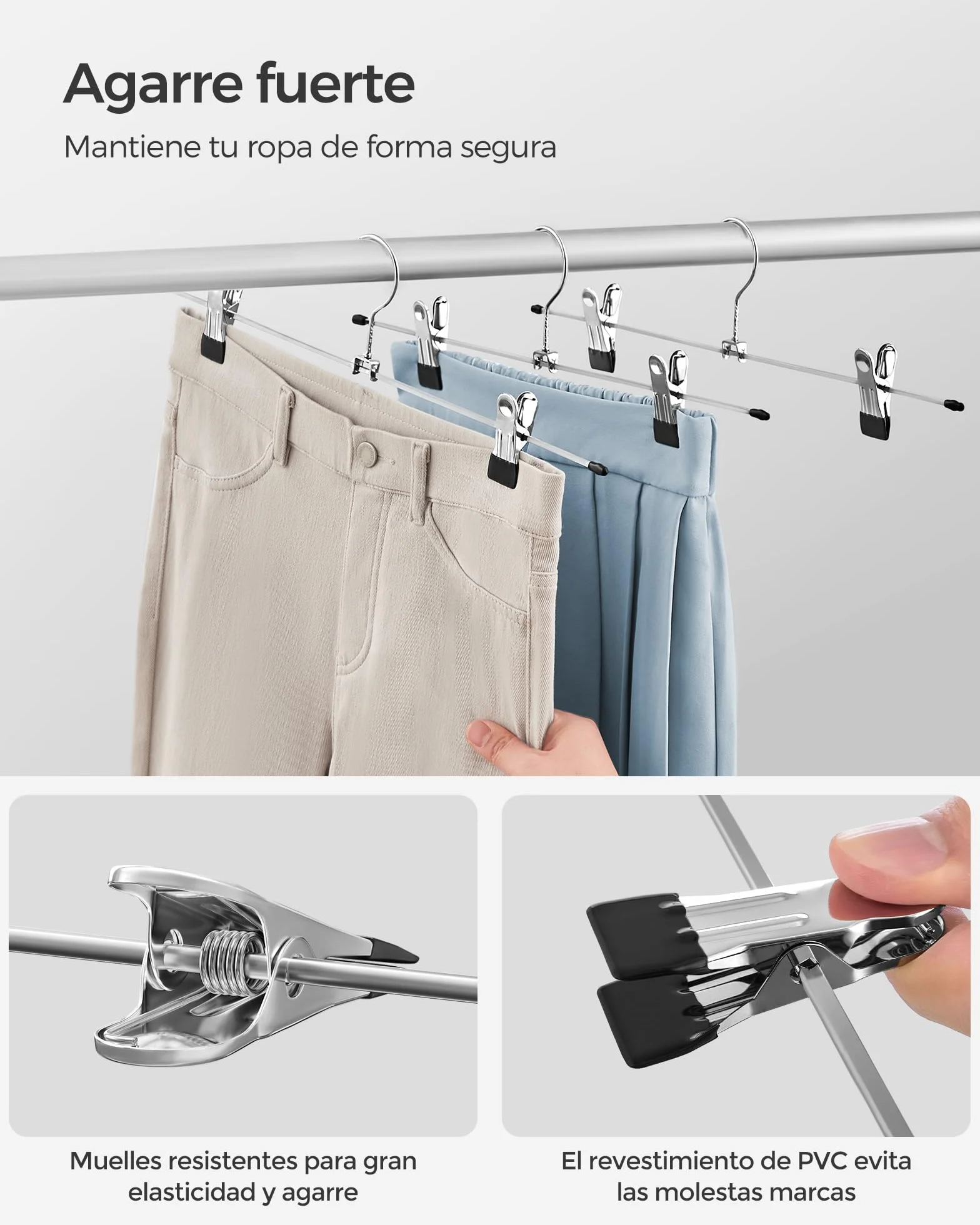 SONGMICS Perchas Metálicas para Pantalones, Juego de 20, Perchas con Pinzas, 40 cm de Largo, Perchas Antideslizantes para Ropa, Faldas, Calcetines, Gromado, Plata Metálico y Negro Tinta CRI006-20