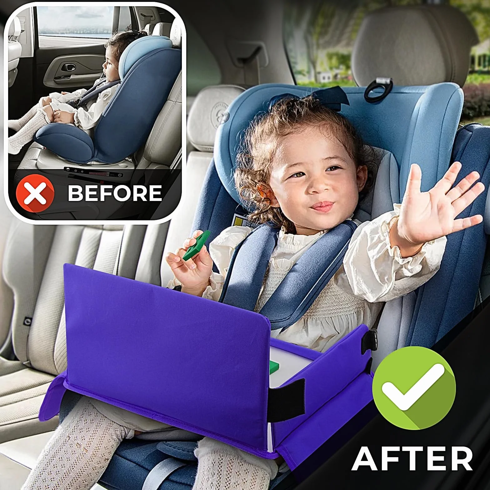 Mesa Coche para Niños,Doble Uso Bandeja Coche para Niños+Organizadores para Coche-6 Plumas Bandejas Coche para Coche, Cochecito de Bebé, Avión (Púrpura)
