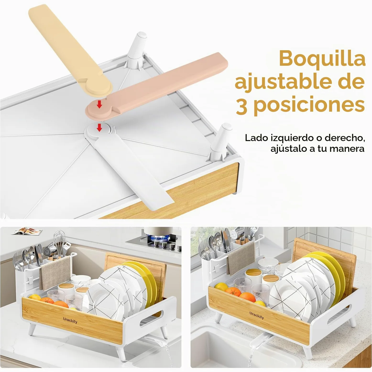 Urackify Escurridor de Platos, Bambú | Acero Inoxidable y Bambú, Soporte Utensilios Extraíble, para Encimera de Cocina