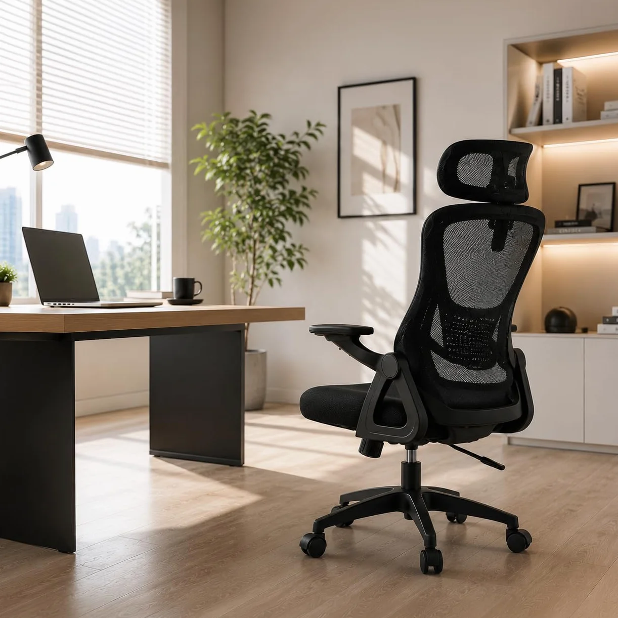Silla de Oficina Ergonómica con Respaldo de Malla Transpirable, Soporte Lumbar y Altura Ajustable, Silla Escritorio Giratoria con Ruedas 360° (Cabecera y Brazos abatibles Negro)
