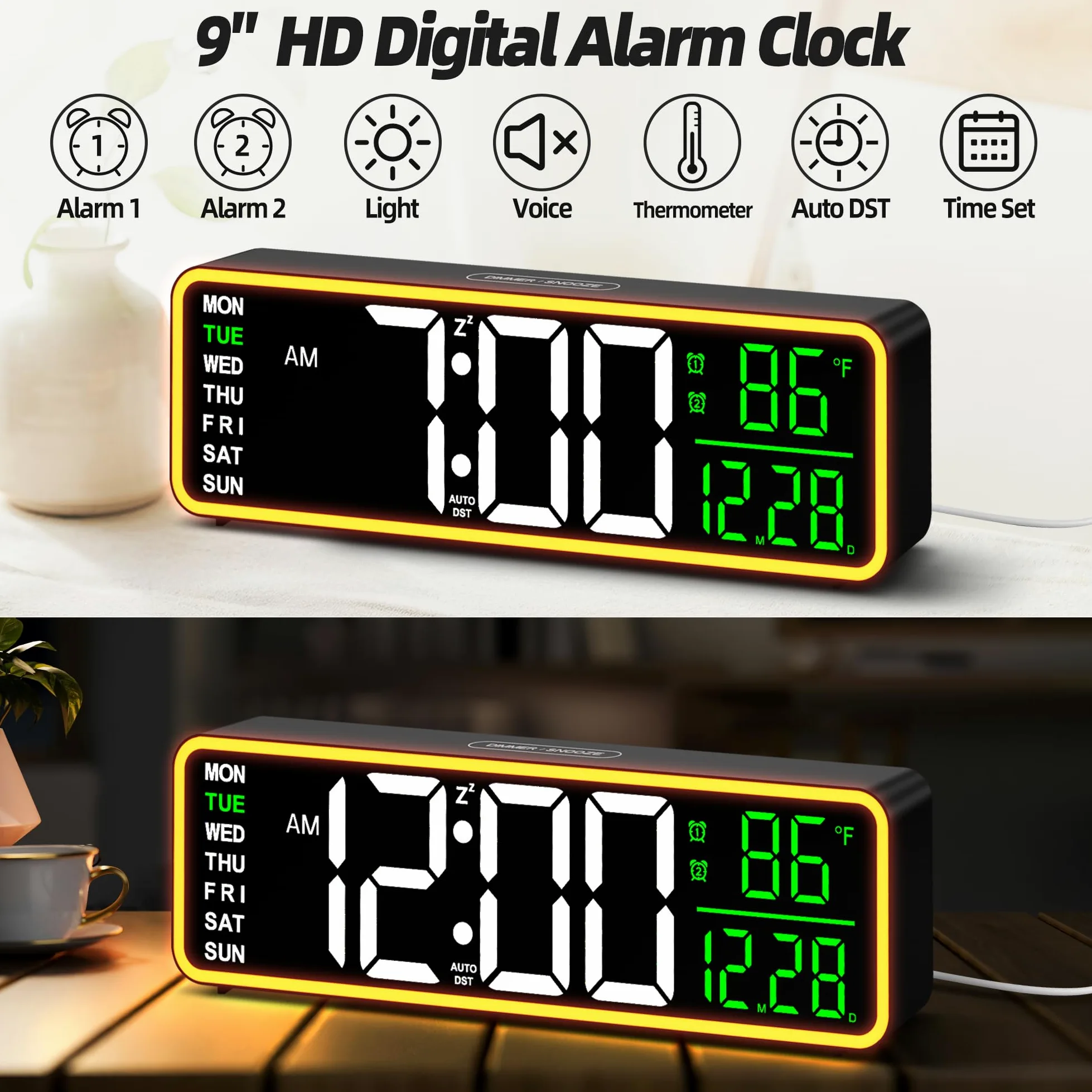 Reloj Despertador Digital 9" con Luz Nocturna, Doble Alarma, Termómetro, Pantalla LED Regulable, Día y Fecha, para Niños, Adultos, Dormitorio, Escritorio o Pared