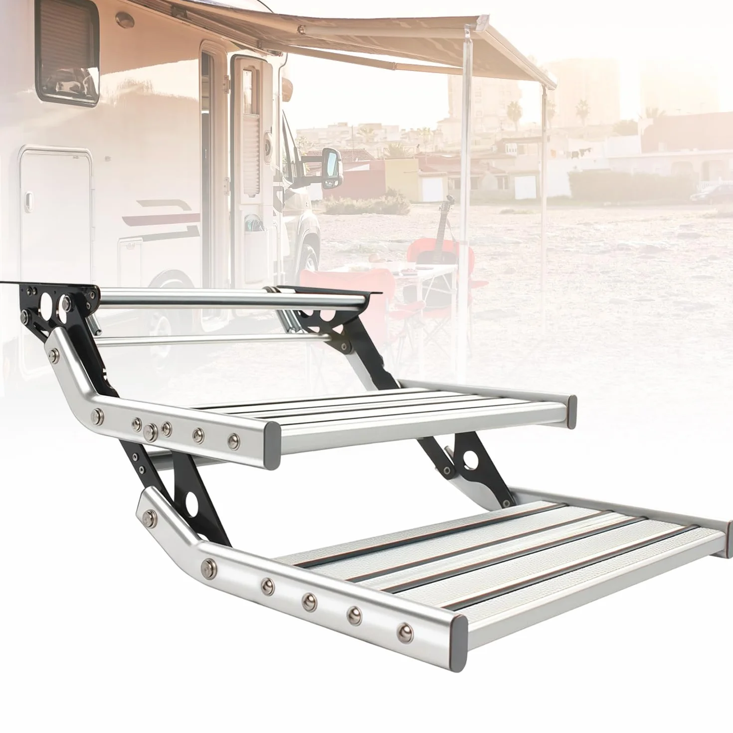 Escalones manuales para Autocaravana 2 peldaños retráctiles con luz LED | de aluminio, plegables, peldaños individuales con cremallera para autocaravanas, autocaravanas remolques de viaje y caravanas