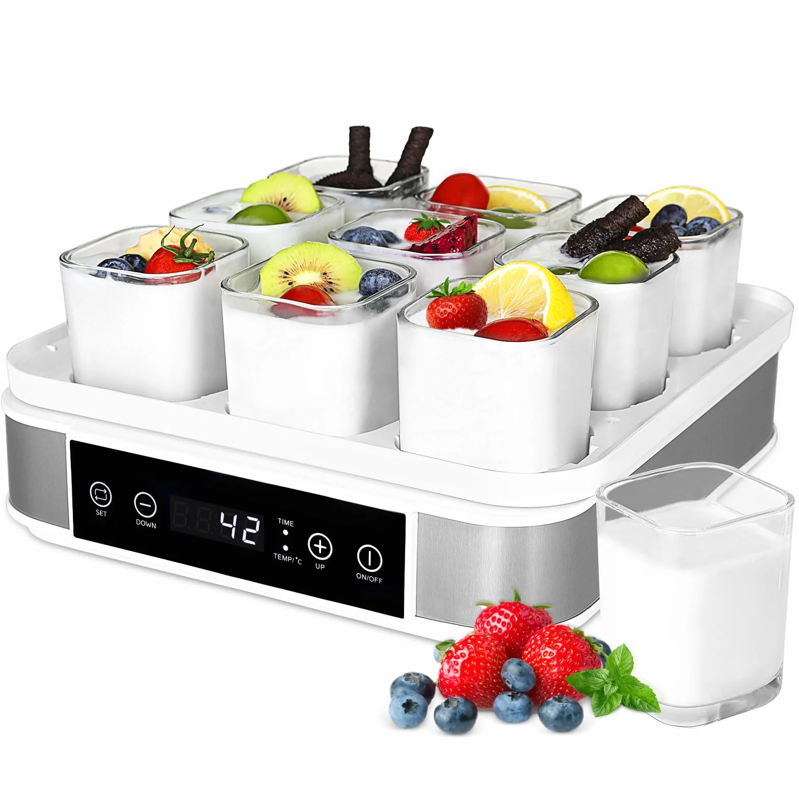 Yogurtera, Yogurtera Eléctrica, Maquina Para Hacer Yogur Casero, Yogurtera para Yogur, Queso Fresco y Queso Crema, con 9 Tarros de 170 ml con Tapa, con Temporizador, Termostato Ajustable, 40 W