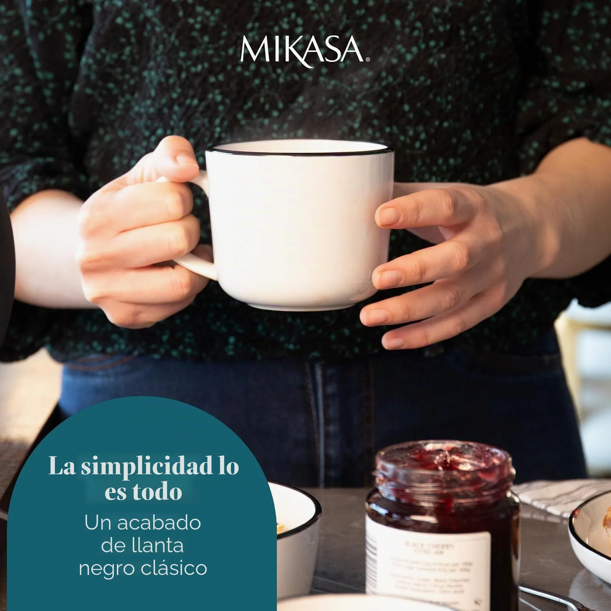 Mikasa Limestone Juego de Tazas de Porcelana, 4x Tazas de Porcelana con Borde Negro para Té y Café, 360ml| En Caja de Regalo y Aptas para Lavavajillas