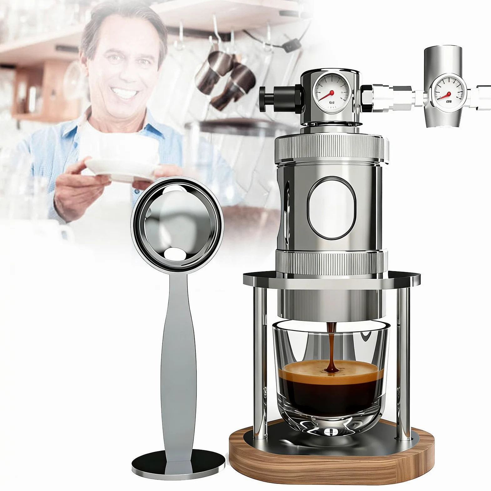 Cafetera espresso neumática de 58 mm con manómetro, cafetera espresso manual portátil, diseño desmontable para el hogar, camping y viajes