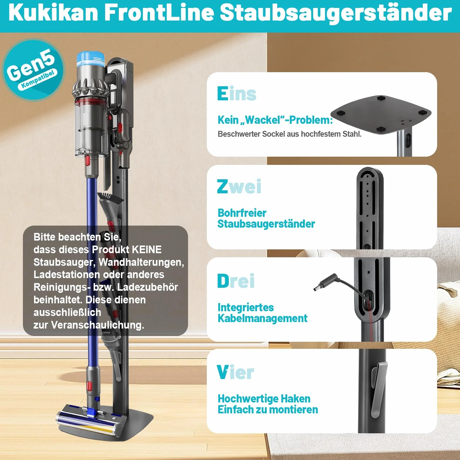 Kukikan Soporte para aspiradora Dyson Gen5 V15 V12 V11 V10 V8 V7 V6, sin taladrar, estación de carga, ahorro de espacio, almacenamiento y organización
