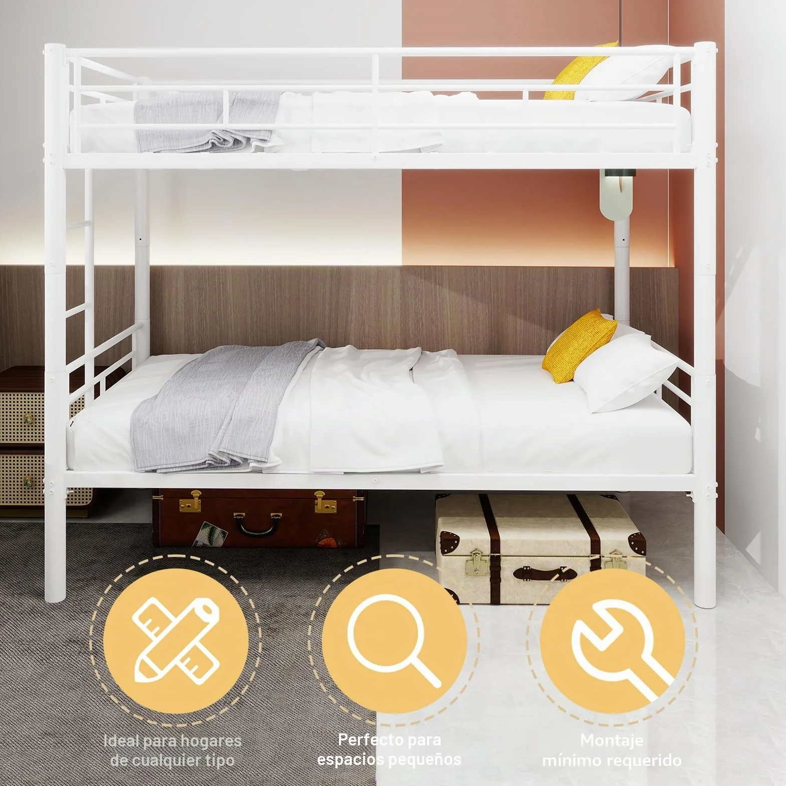 Litera de hierro, 90 x 190 cm, estructura metálica con escalera y barandilla, convertible en dos camas, apta para adolescentes y adultos (sin colchón) (blanco)